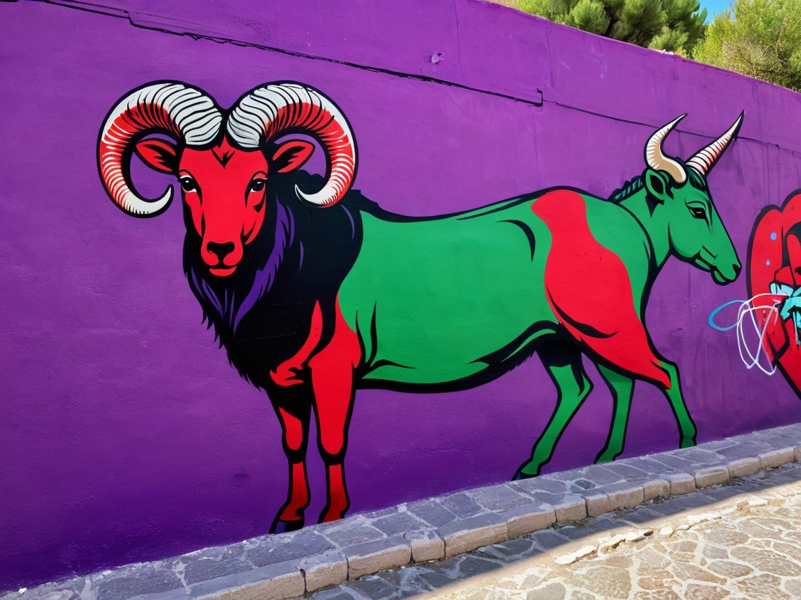 Vibrant Mural of a Ram and Bull on Purple Background