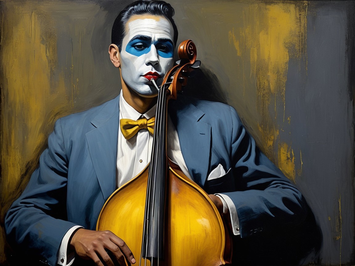 Man in blue suit plays cello with striking makeup