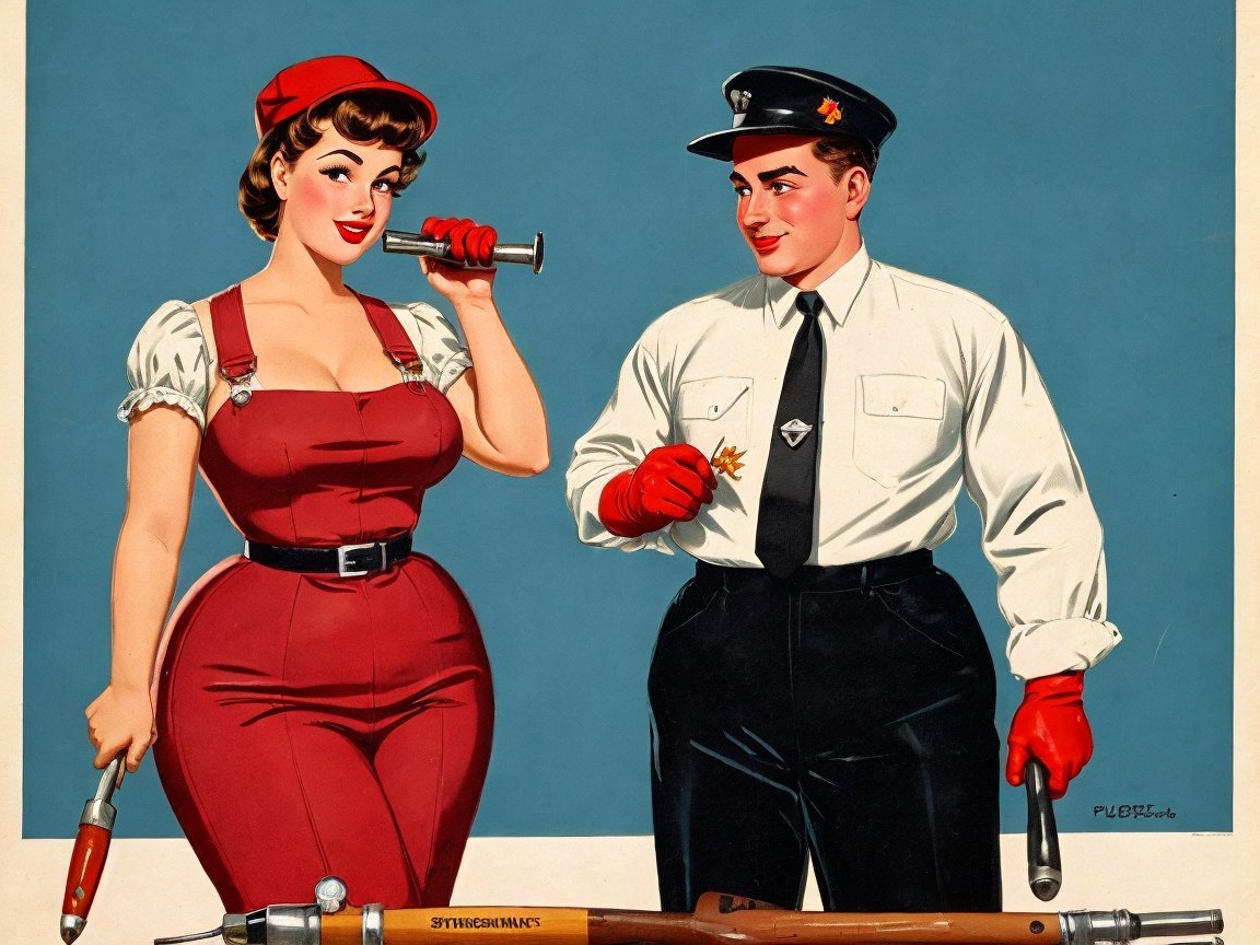 Vintage Illustration of Woman in Red Jumpsuit and Policeman
