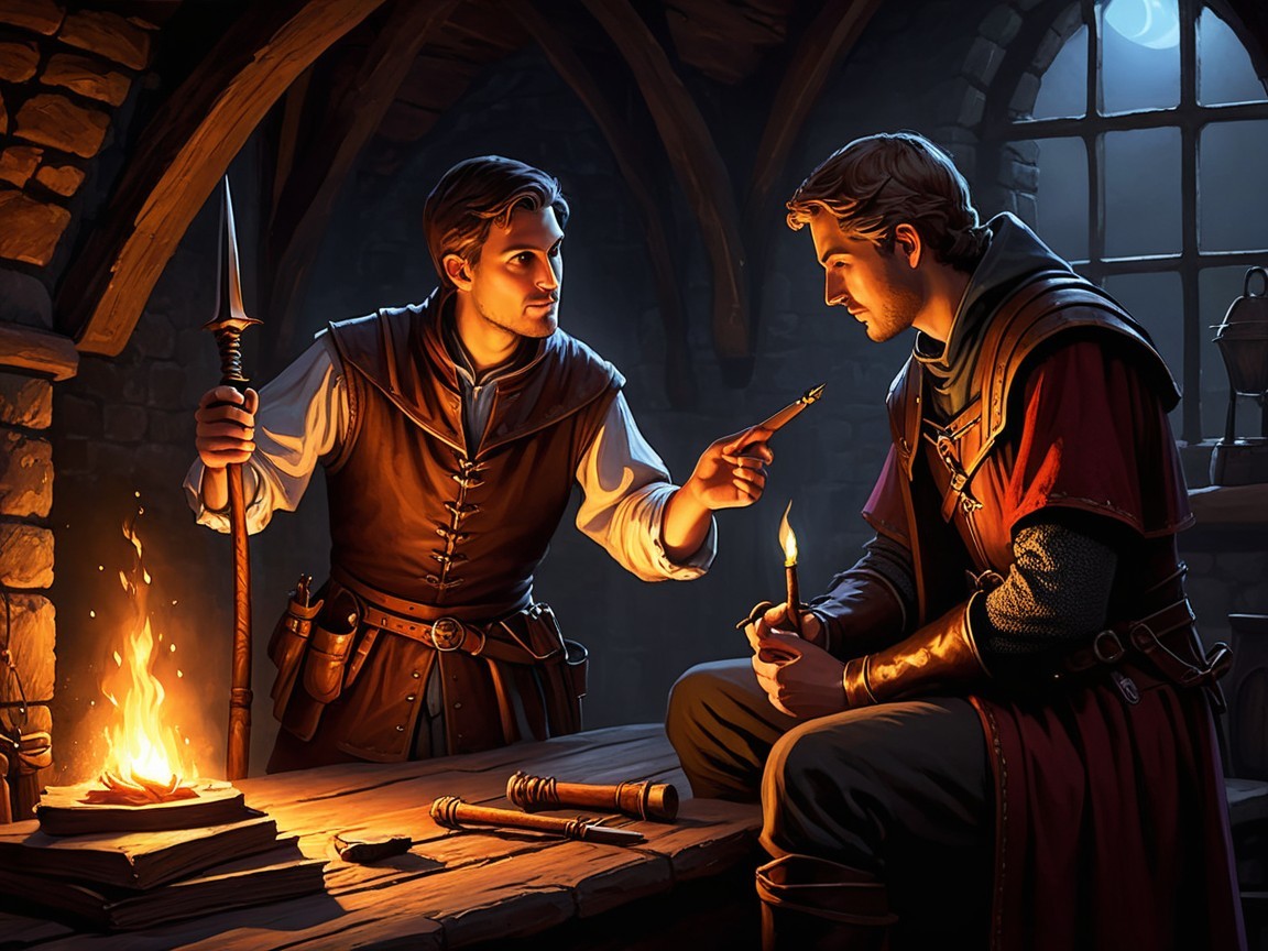 Medieval Figures Conversing by Firelight in Shadows