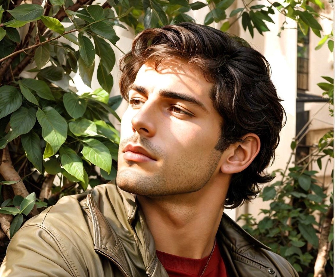 Young man in olive jacket amidst serene greenery