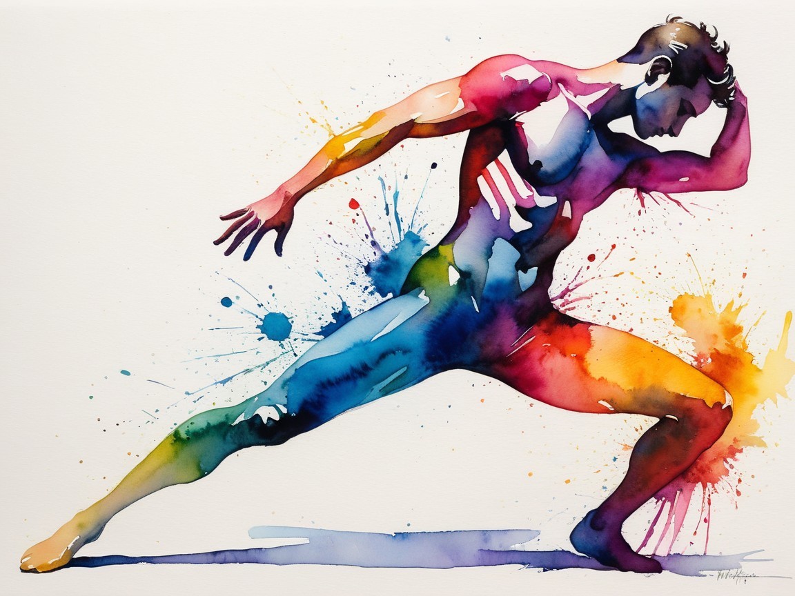Dynamic Watercolor of Male Figure in Powerful Pose