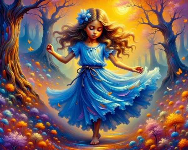 Magical Forest Scene with Girl in Blue Dress