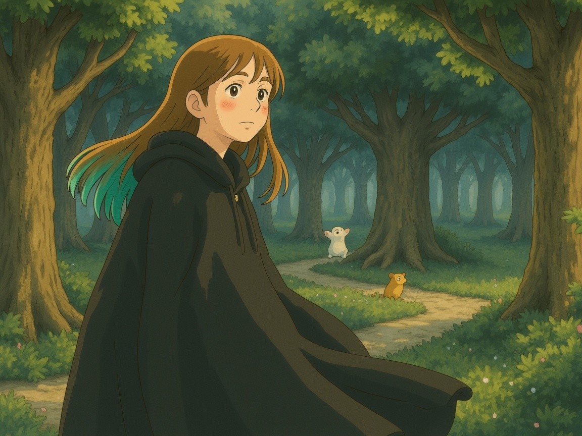 Young Girl in Cloak Surrounded by Enchanted Forest