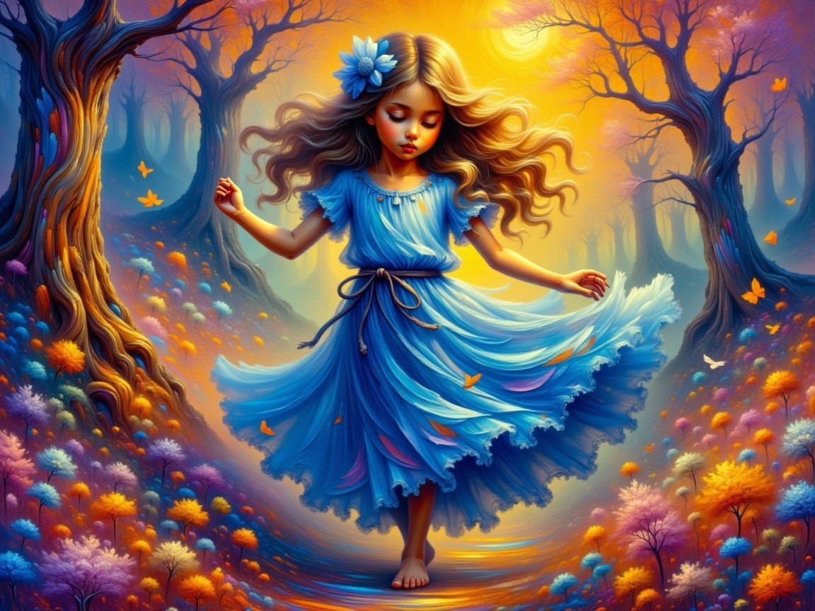 Magical Forest Scene with Girl in Blue Dress