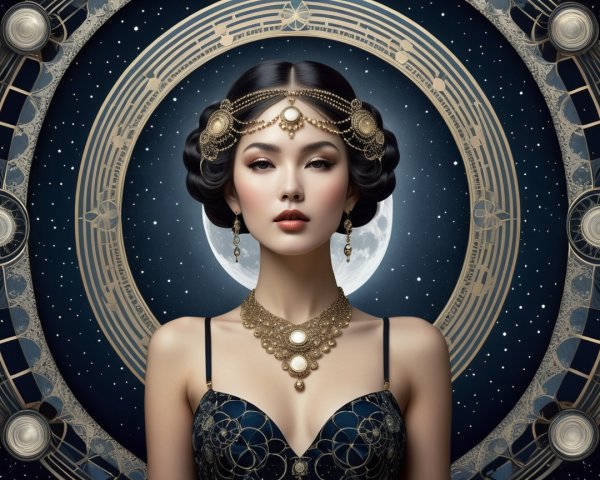 Elegant Woman in Dark Gown Against Blue Backdrop
