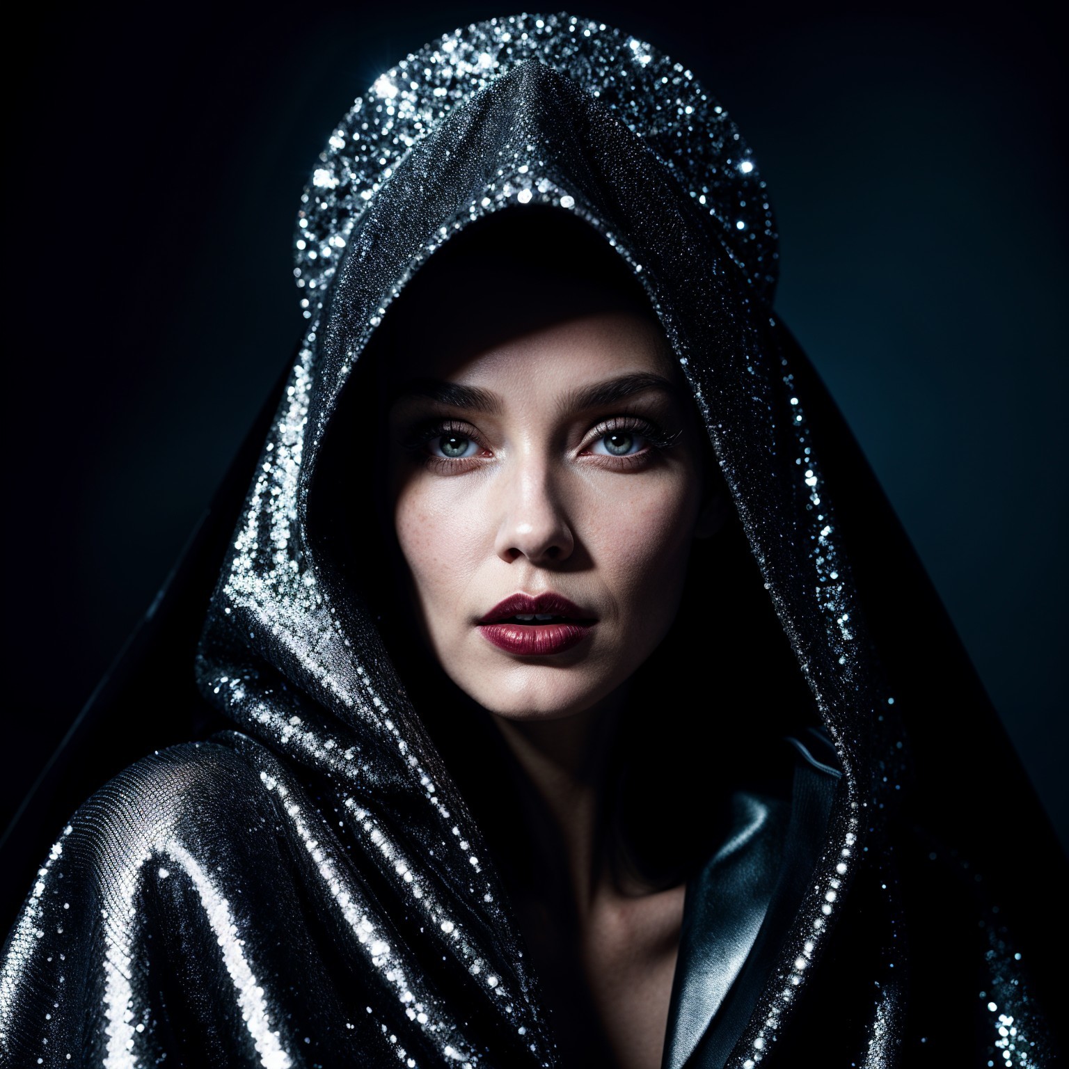 Portrait of a Woman in a Black Sequin Hood