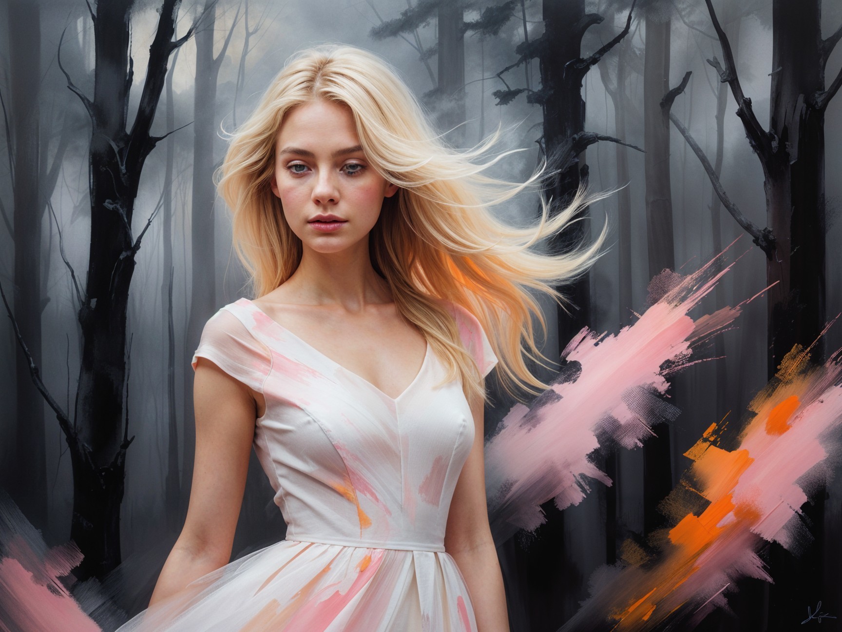Young woman in misty forest with flowing blonde hair