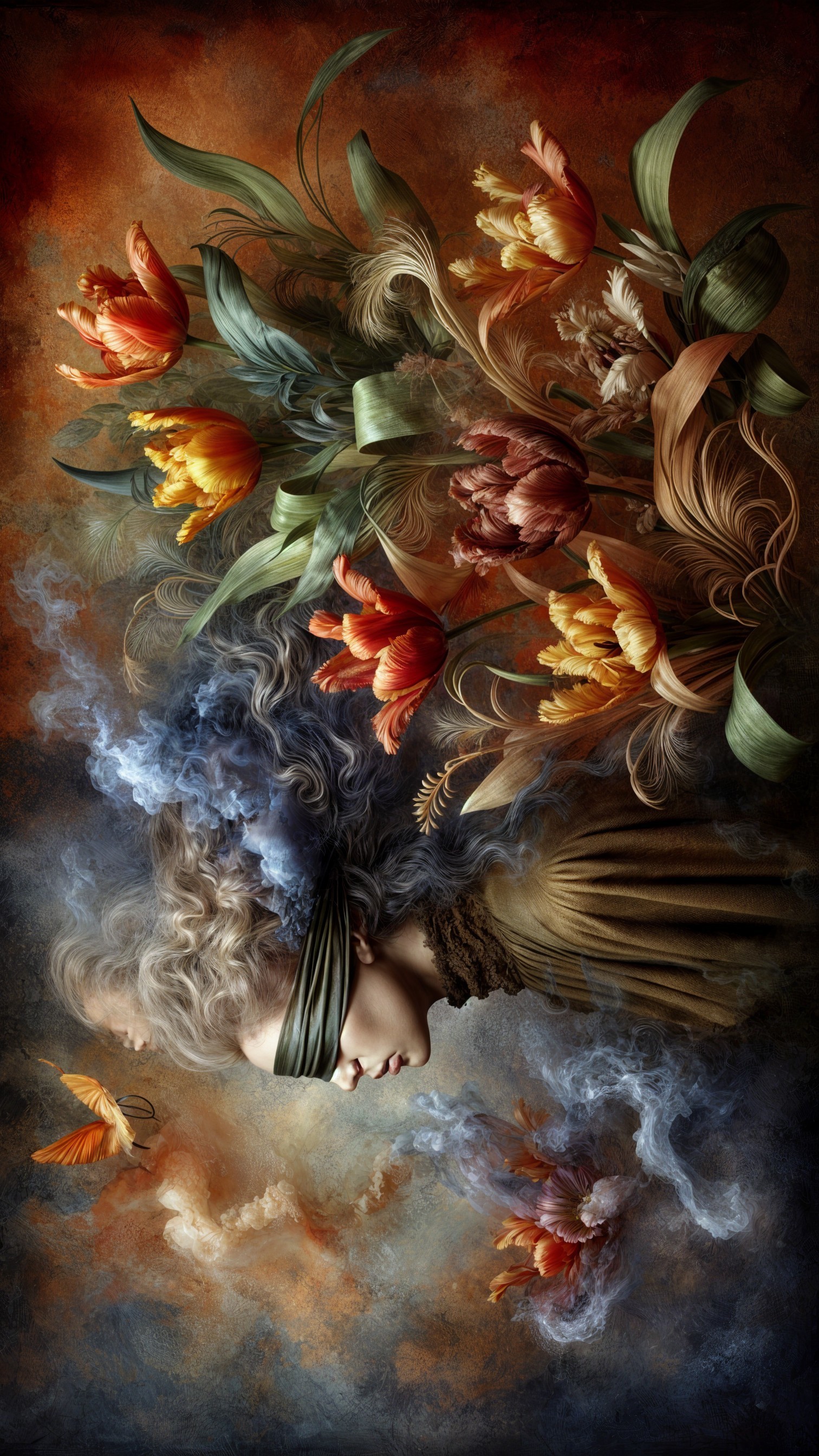 Surreal Portrait of a Blindfolded Woman with Flowers