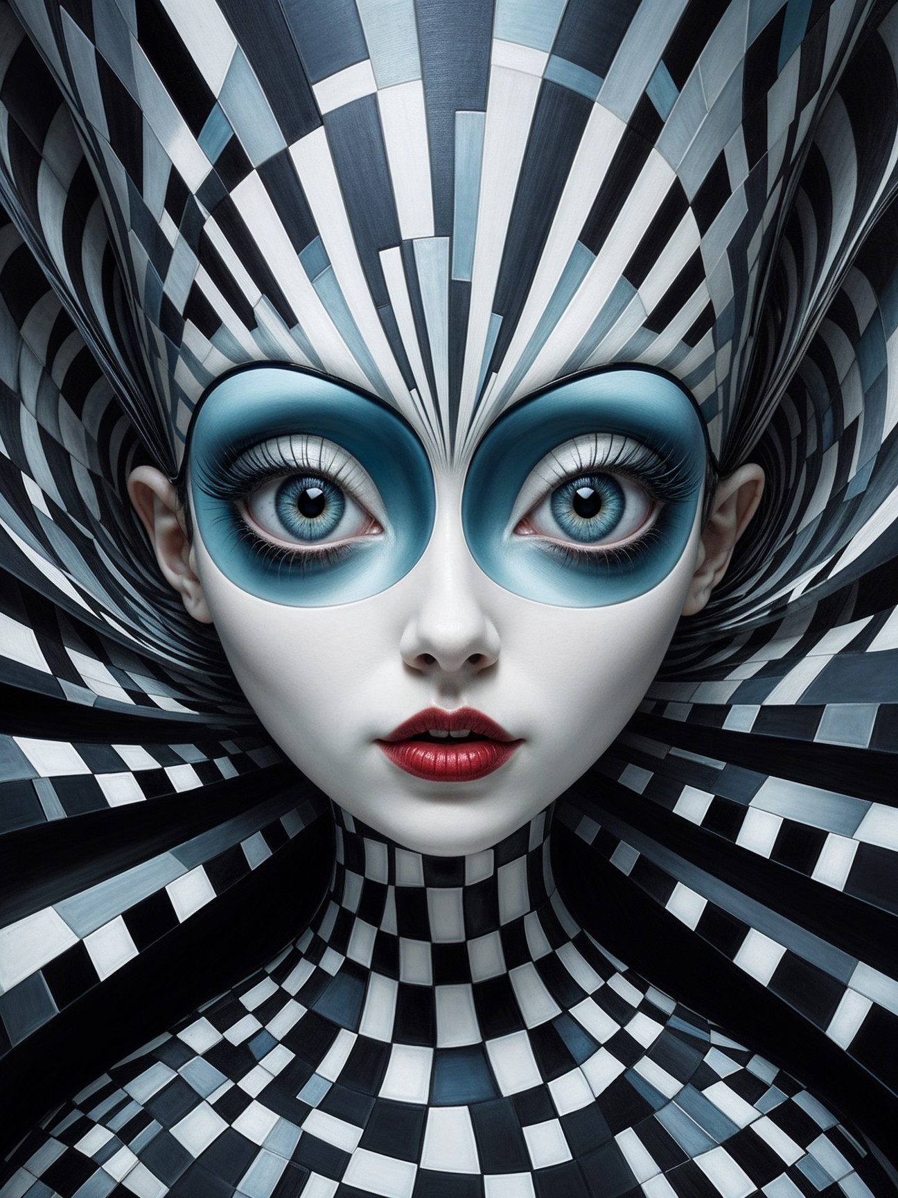 Surreal Abstract Woman with Blue Eyes and Painted Face