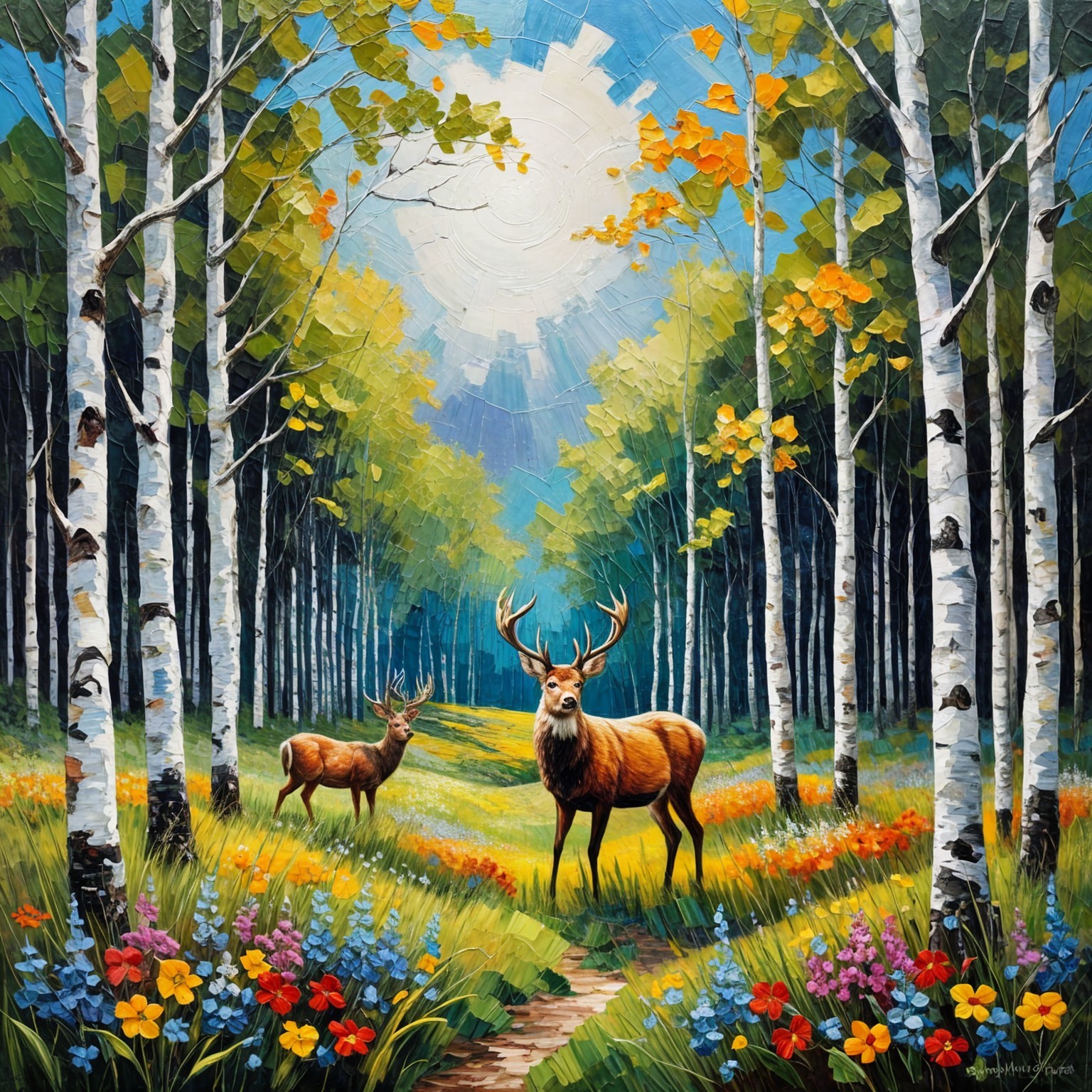 Vibrant forest scene with deer and colorful flowers