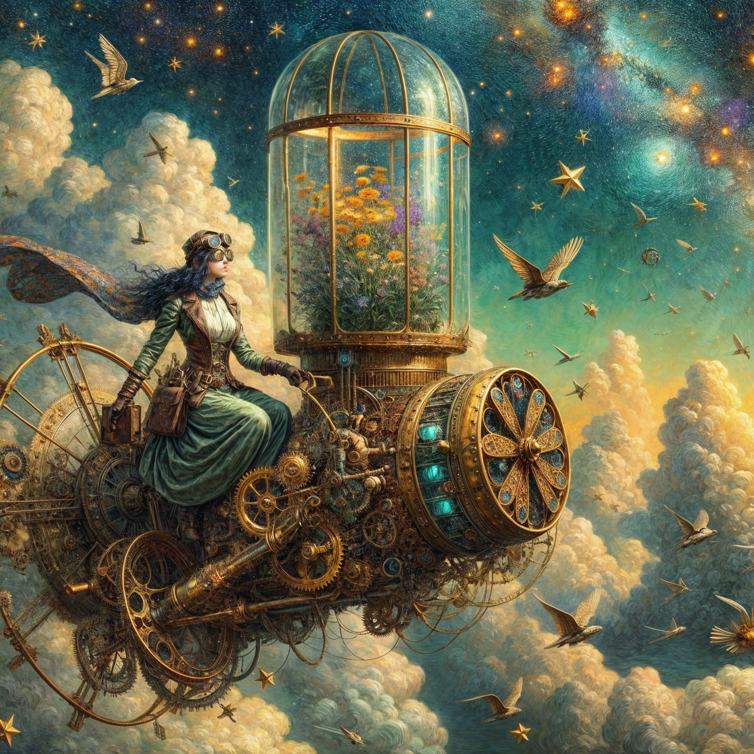Steampunk Aviator in Celestial Sky with Floral Garden