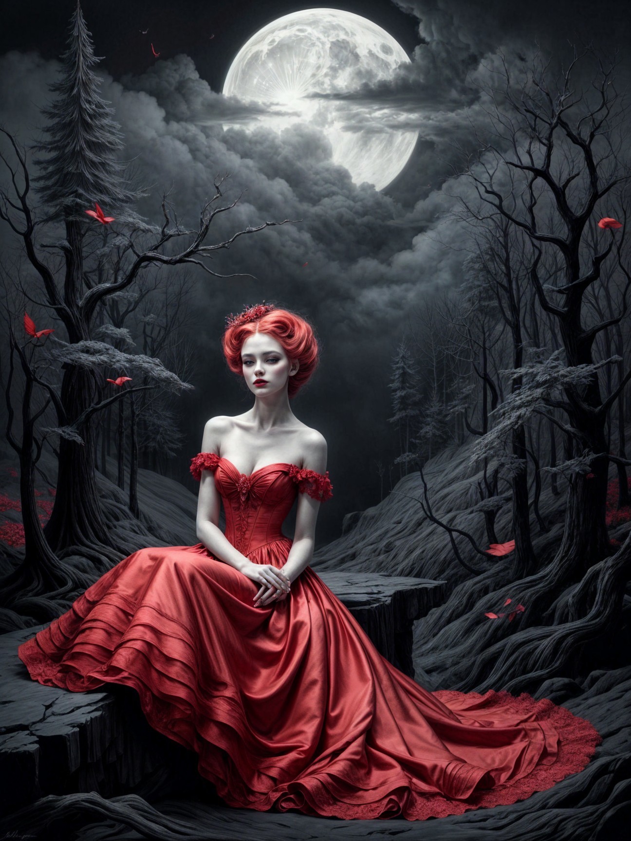 Woman in red gown on rocky outcrop in eerie landscape
