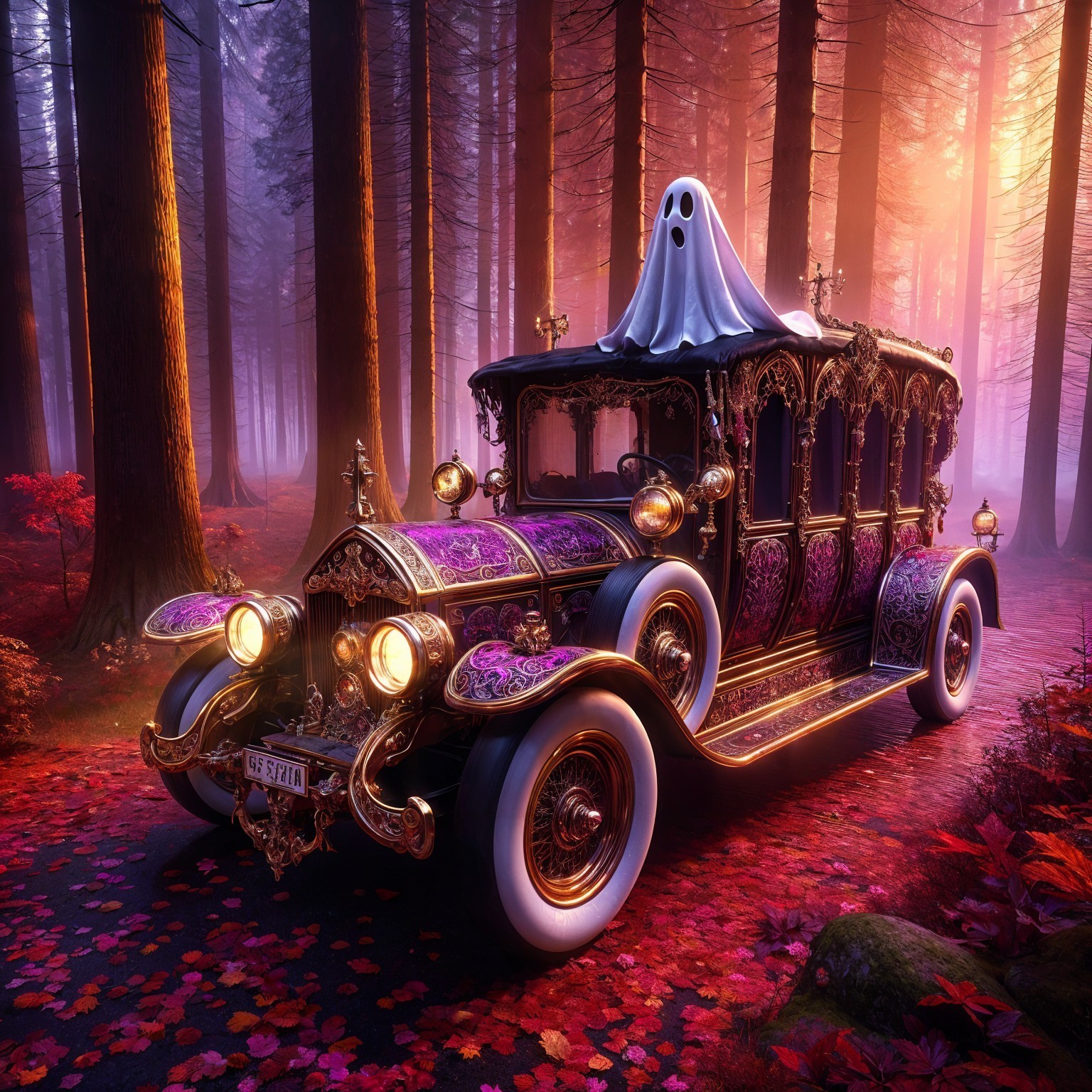 Vintage hearse in mystical forest with ghostly figure