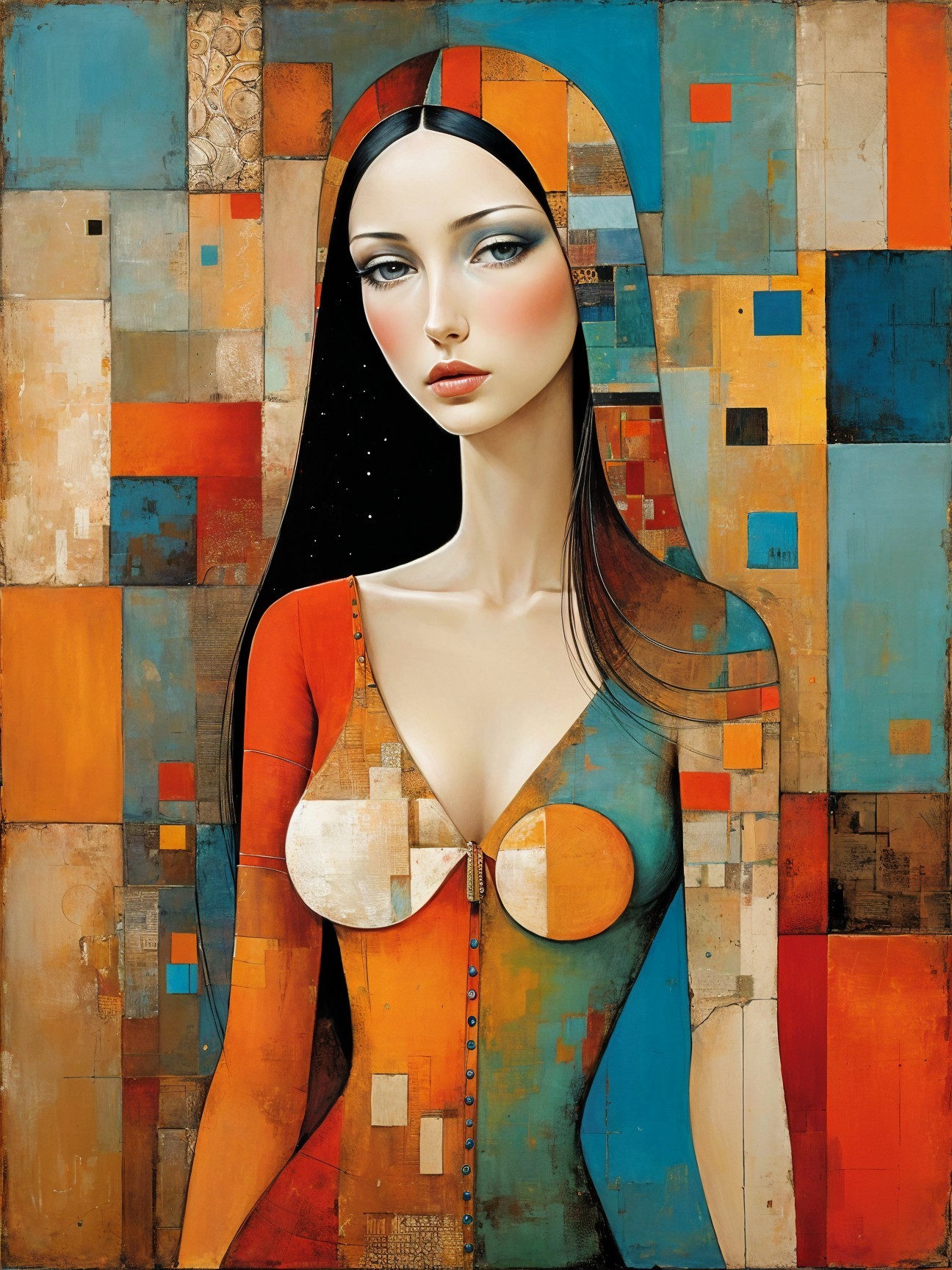 Stylized Female Figure with Vibrant Geometric Attire