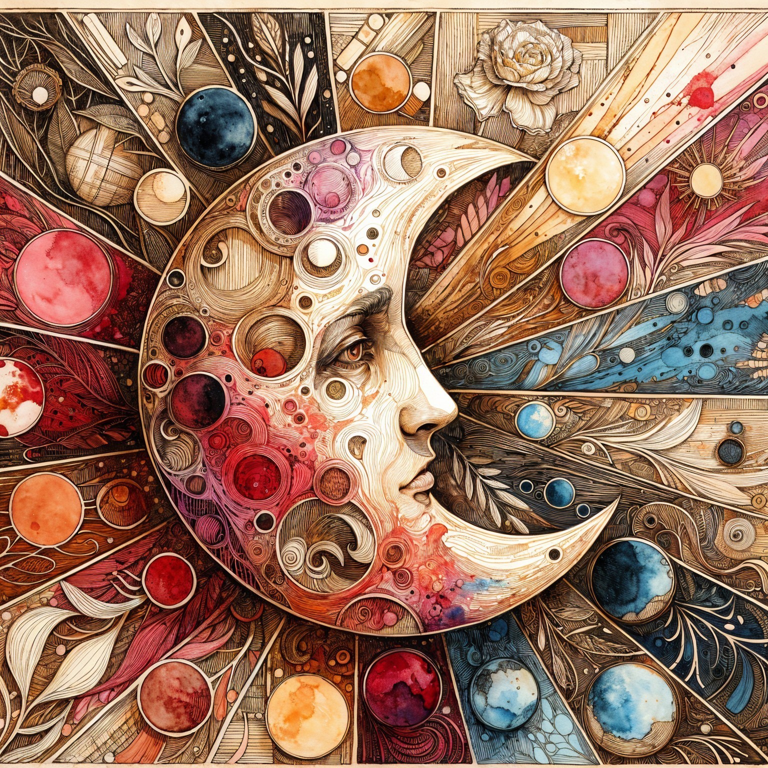 Crescent Moon Artwork with Vibrant Colors and Patterns
