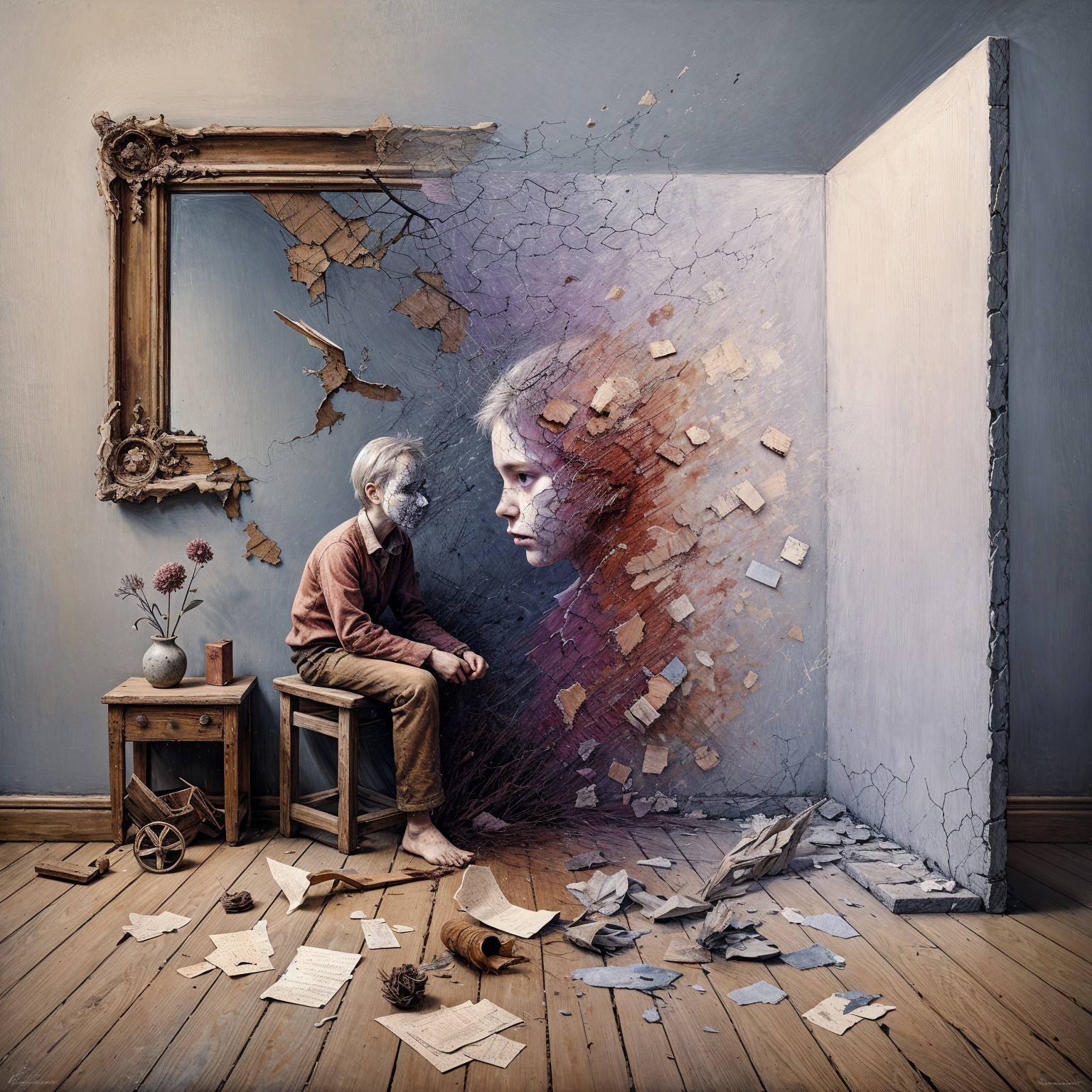 Surreal Room with Fragmented Mural and Young Boy
