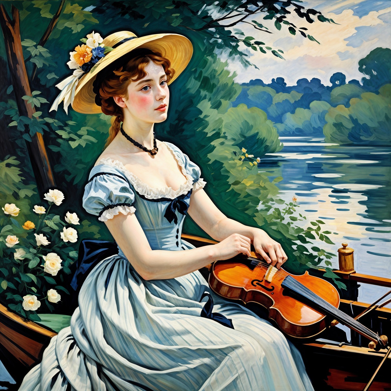 Young Woman in Light Dress on Serene River Boat