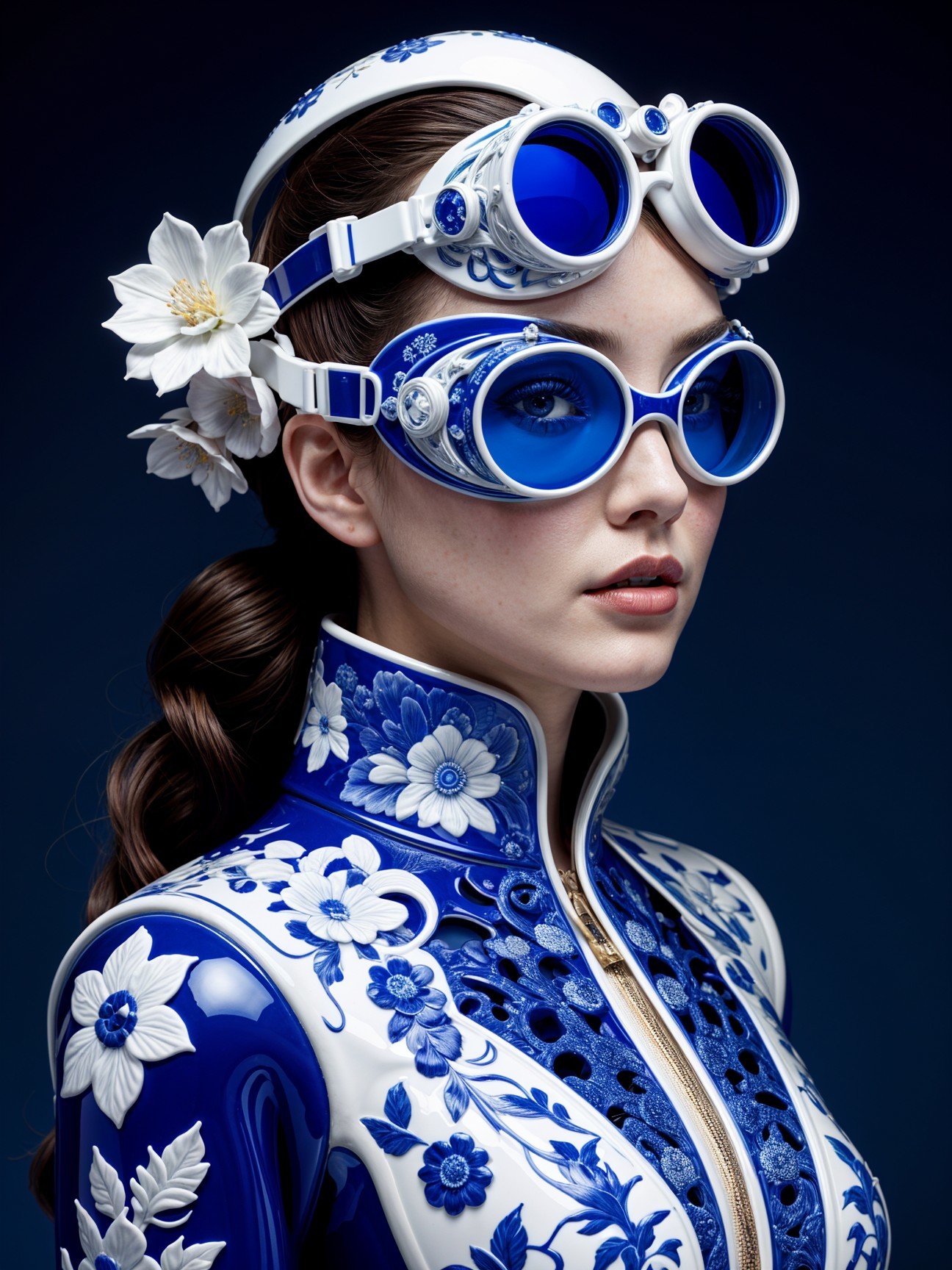 Woman in Floral Blue and White Outfit with Goggles