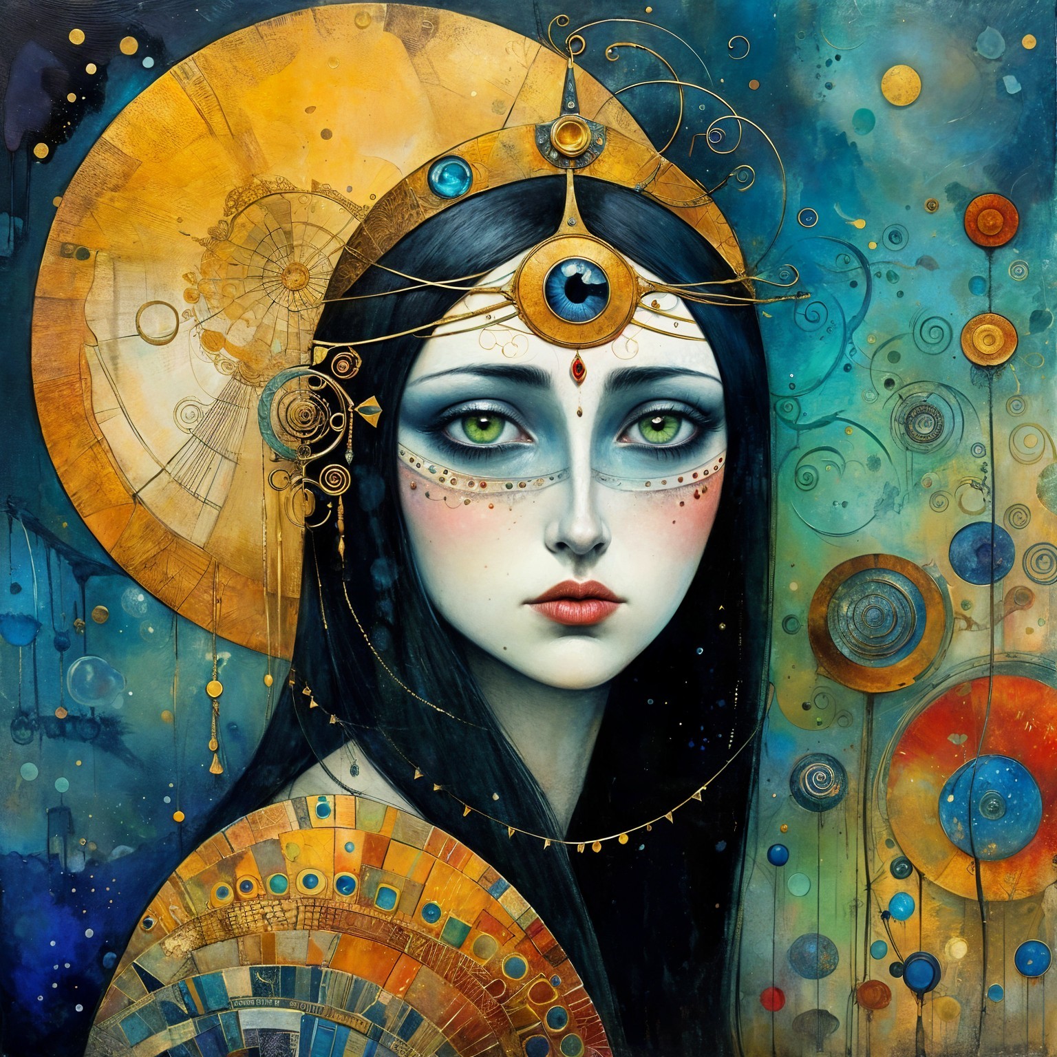 Mystical Woman with Green Eyes and Celestial Themes