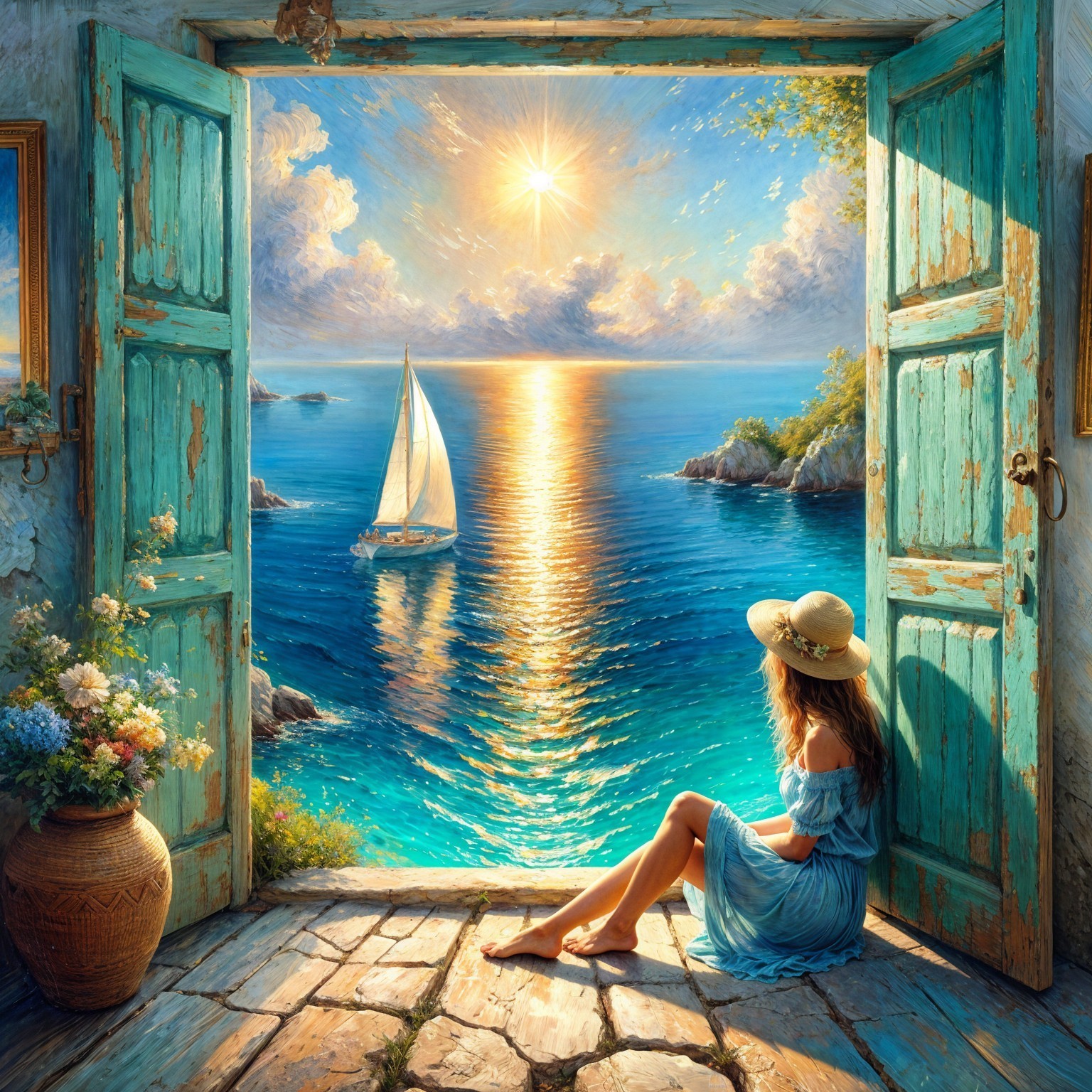 Woman by Doorway Overlooking Serene Seascape