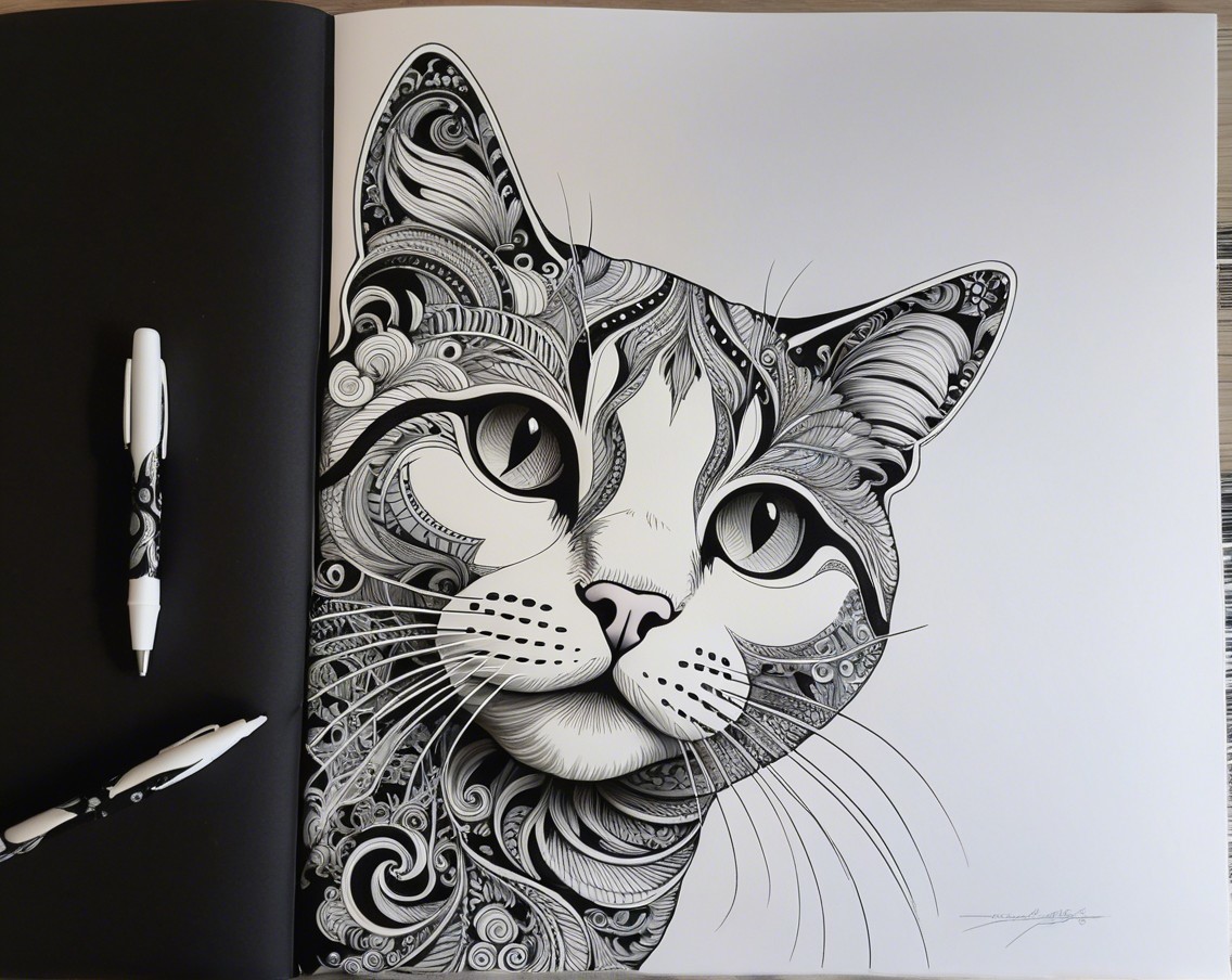Black-and-white illustration of a cat's face design