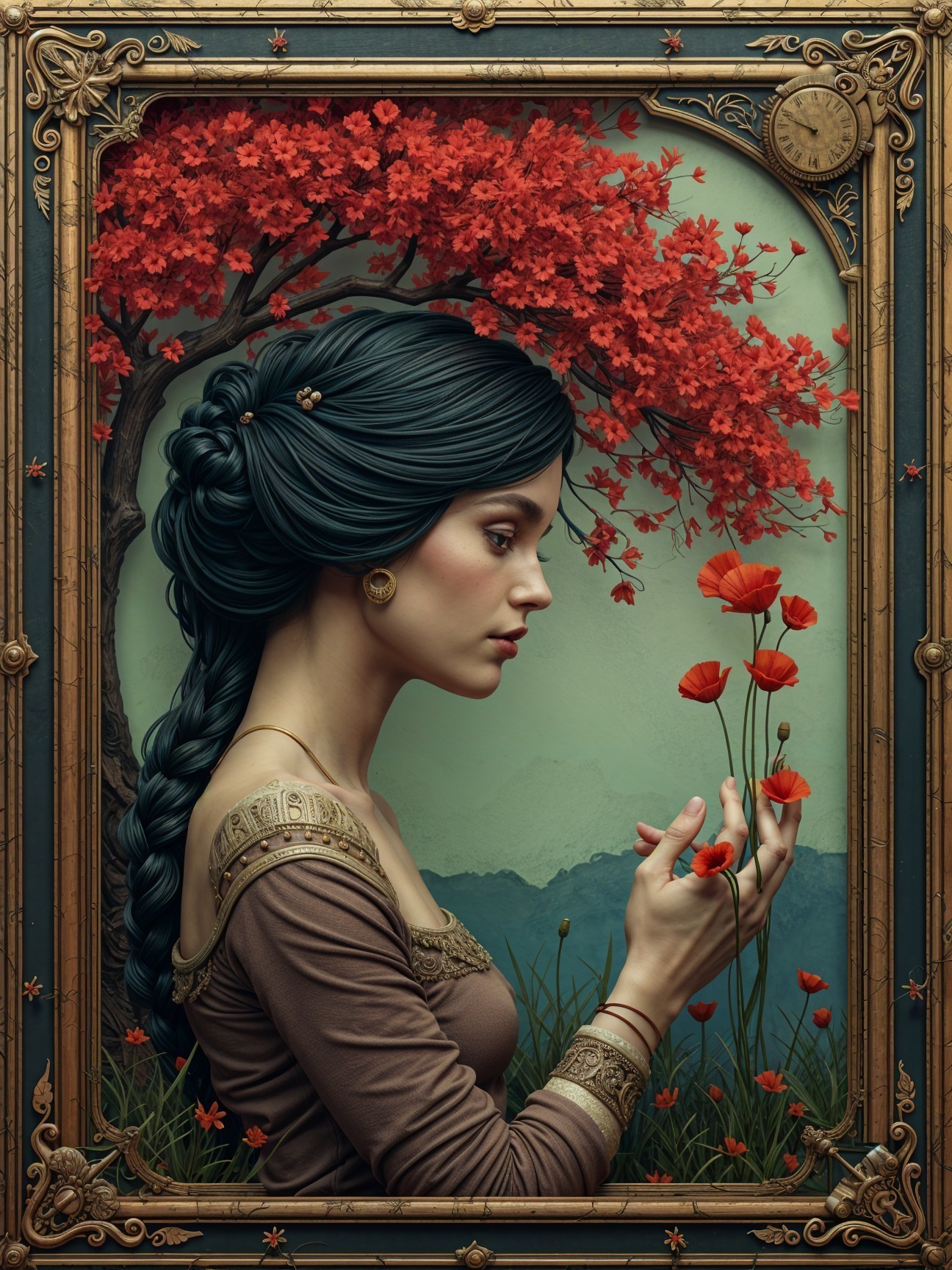 Portrait of a Woman with Jewelry and Poppy Flowers