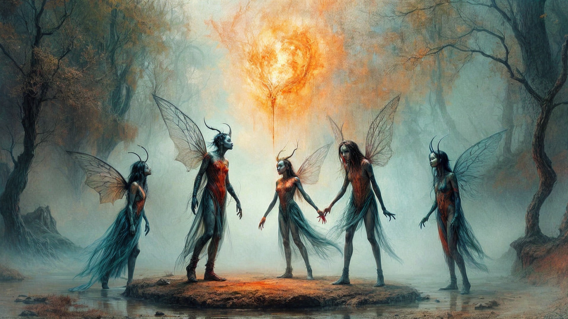 Ethereal Beings Gather Around Heart-Shaped Flame in Forest