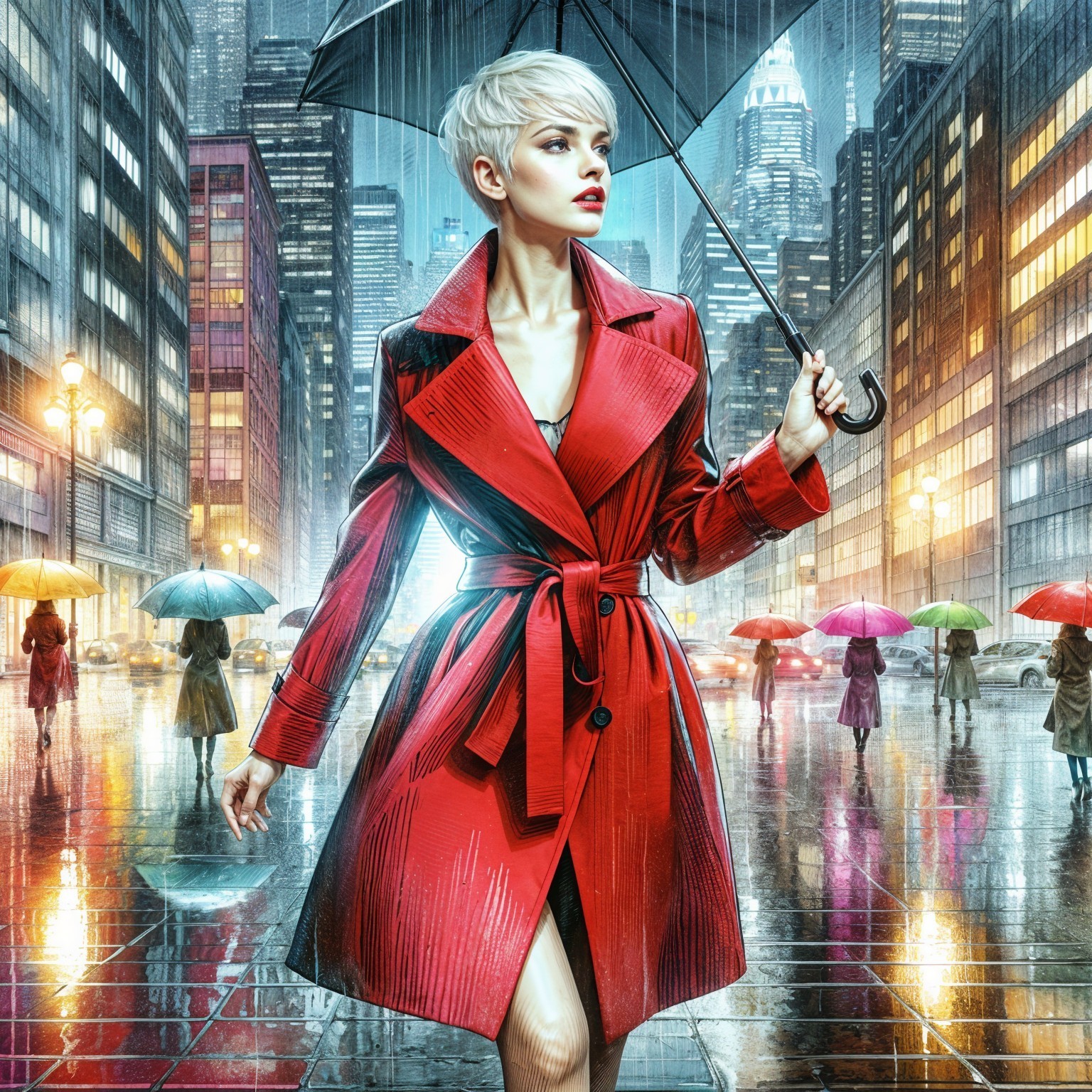 Stylish Woman in Red Trench Coat on Rainy Street