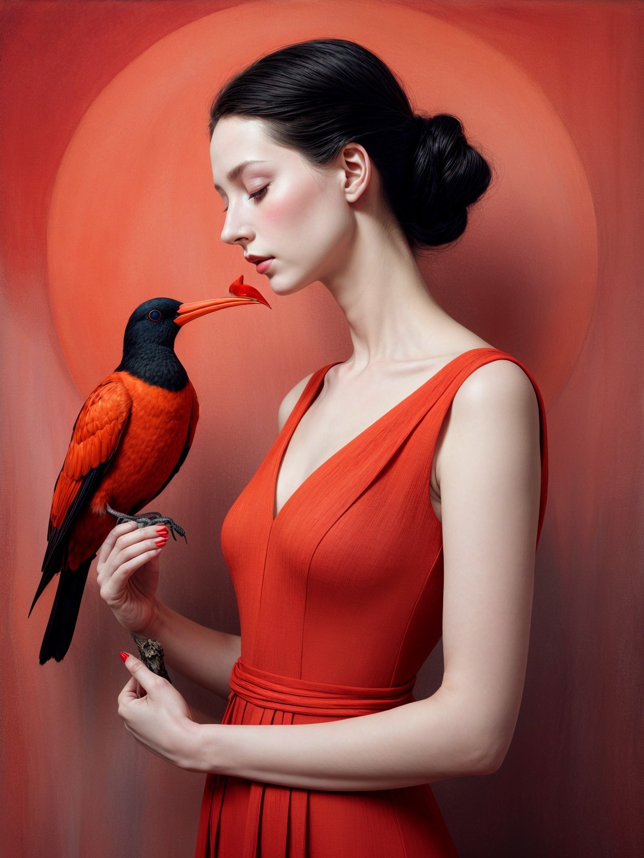 Portrait of a Woman in Red Dress with Bird