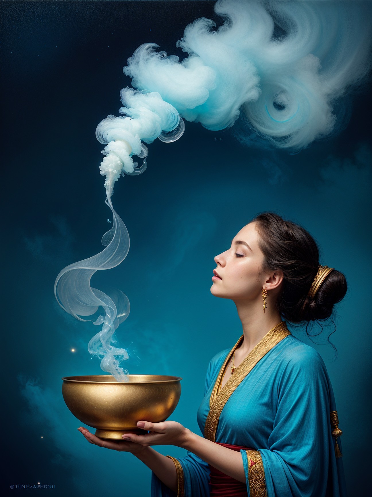 Young Woman in Traditional Attire with Smoke Bowl