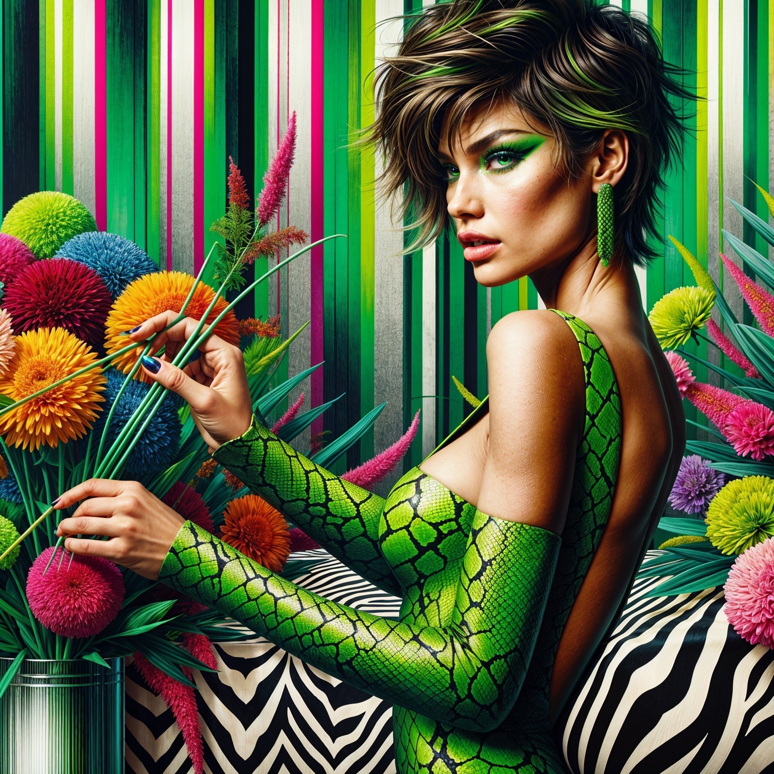 Vibrant Snake-Patterned Outfit with Colorful Backdrop