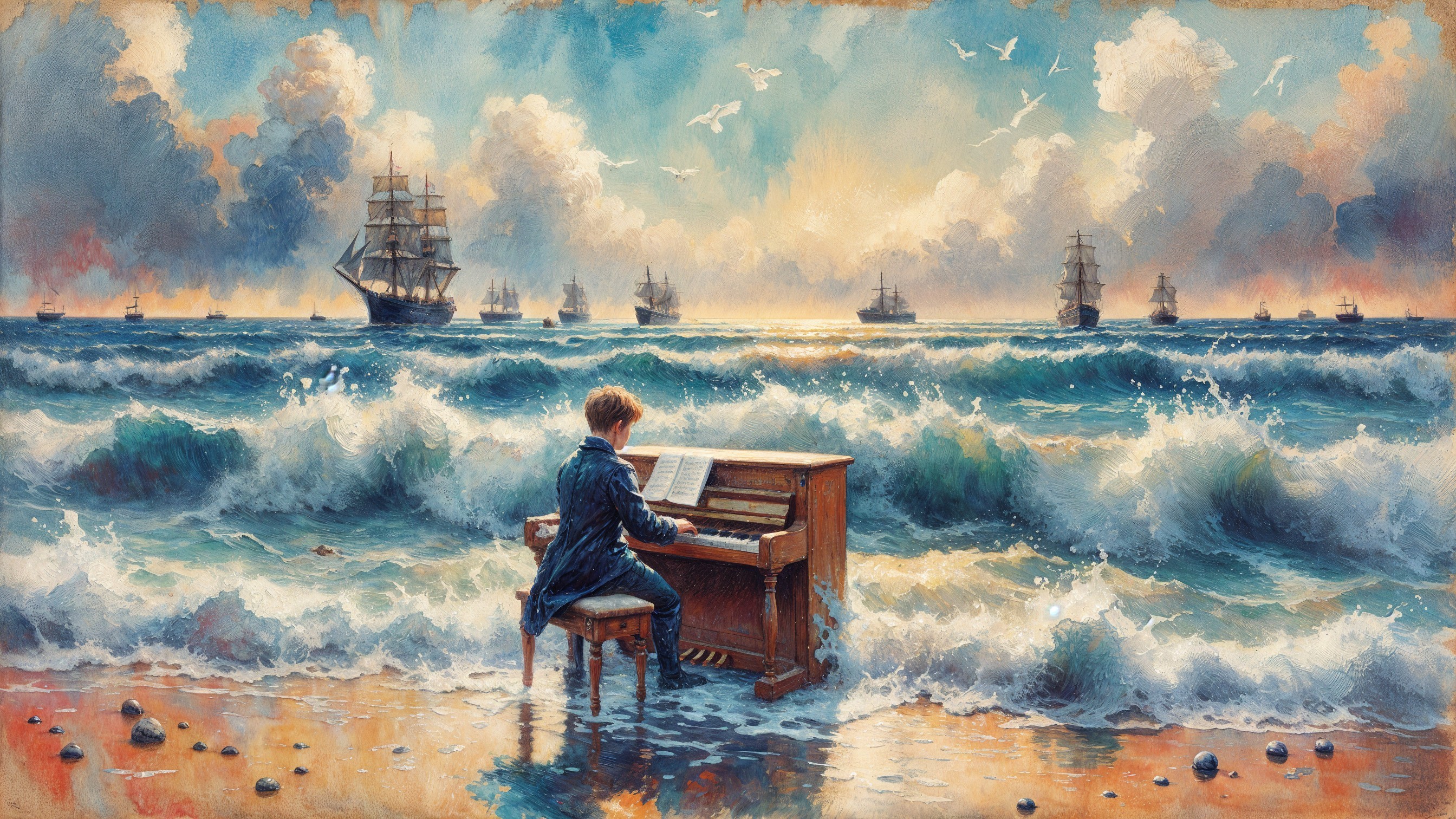 Boy Playing Piano on Beach at Sunset with Waves