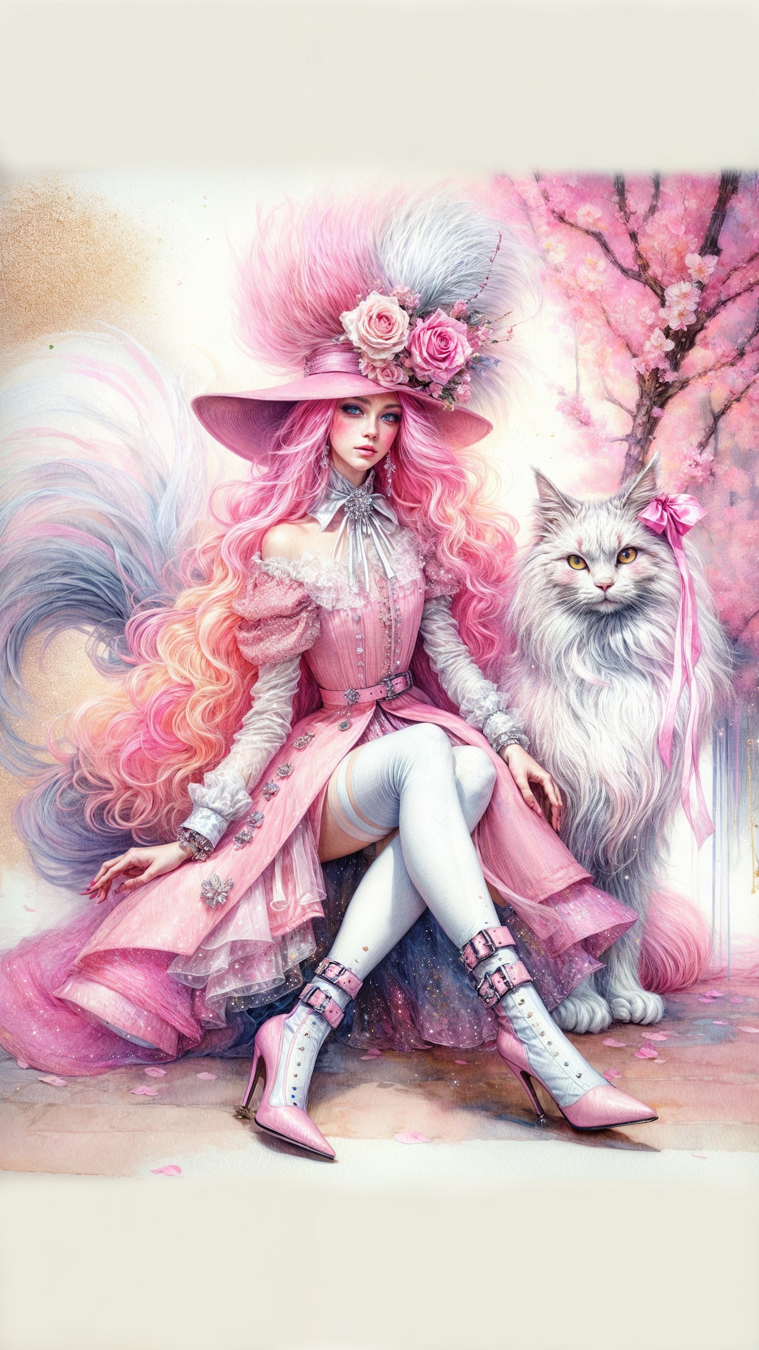 Whimsical Scene of Woman with Pink Hair and Cat