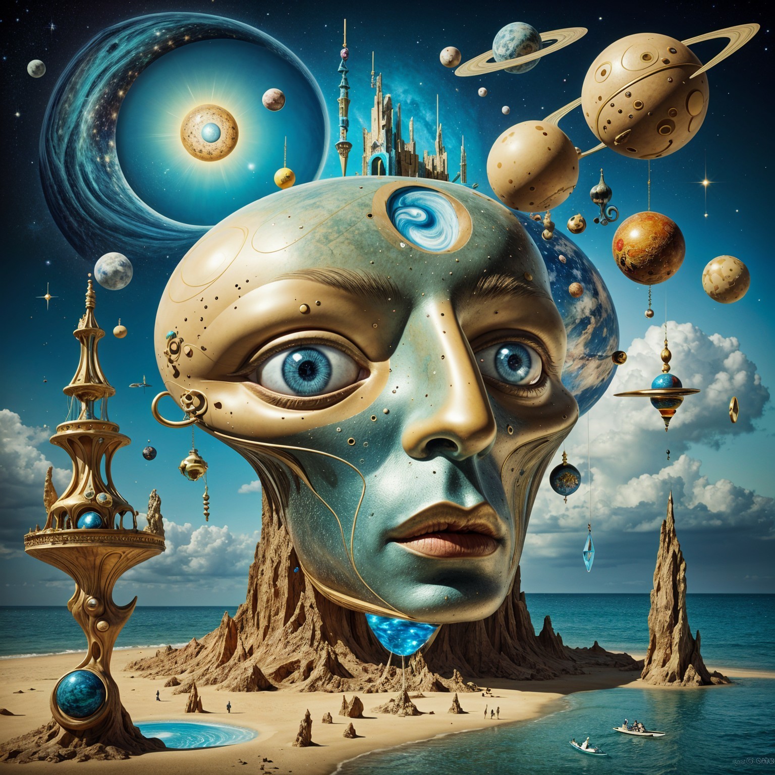 Surreal Landscape with Cosmic Elements and Towers