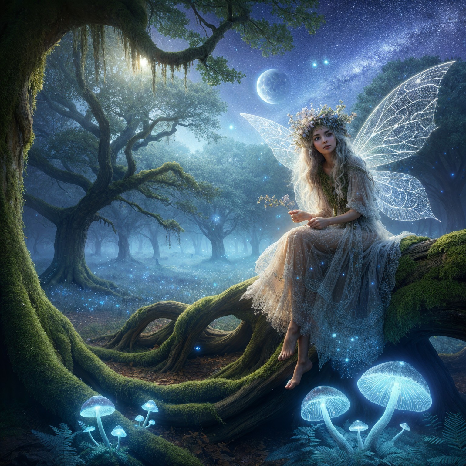 Serene Fairy in Mystical Forest with Glowing Elements