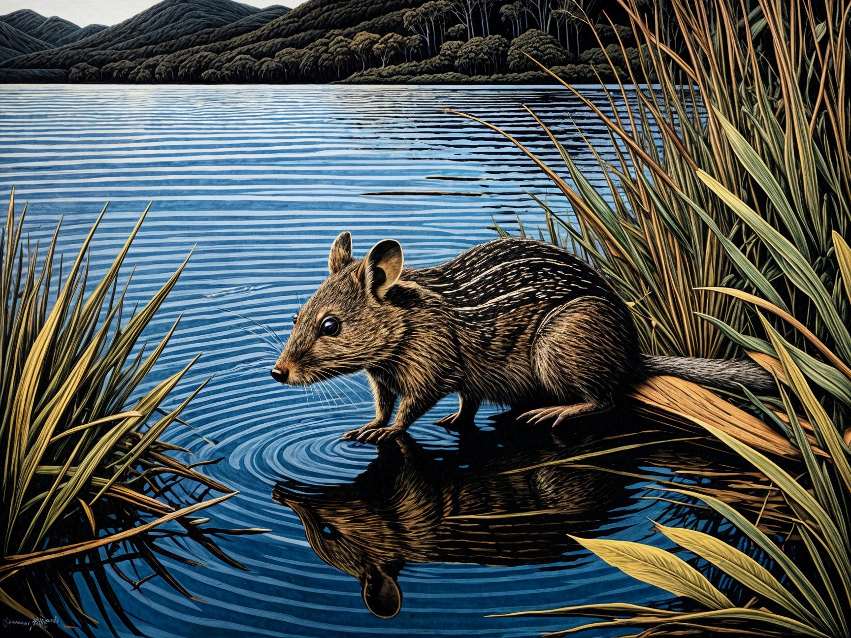 Striped Animal by Serene Lake with Reflections