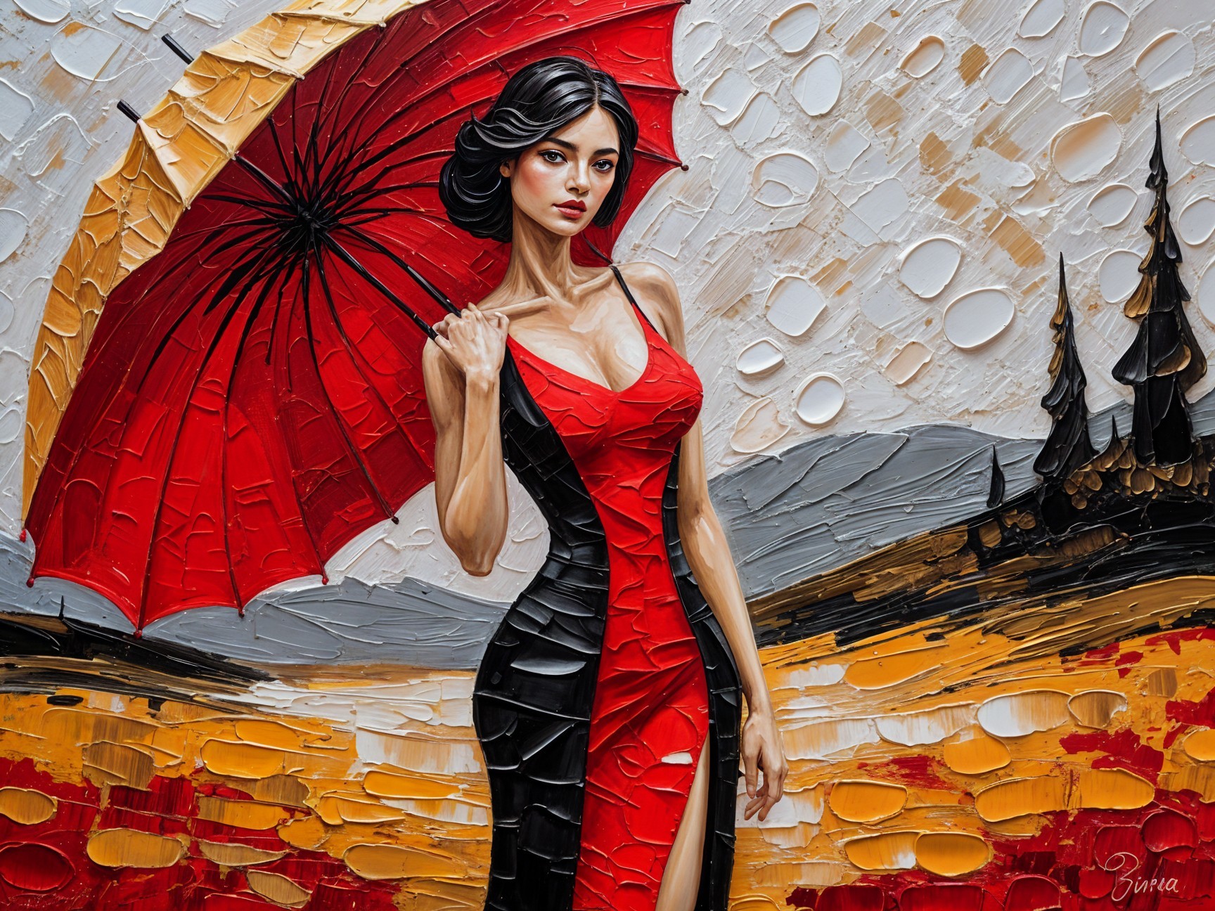 Woman with Red Umbrella in Vibrant Landscape Art
