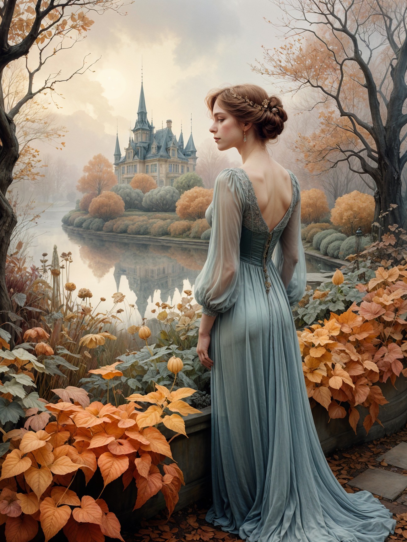 Young Woman in Elegant Gown by Autumn Lake and Castle