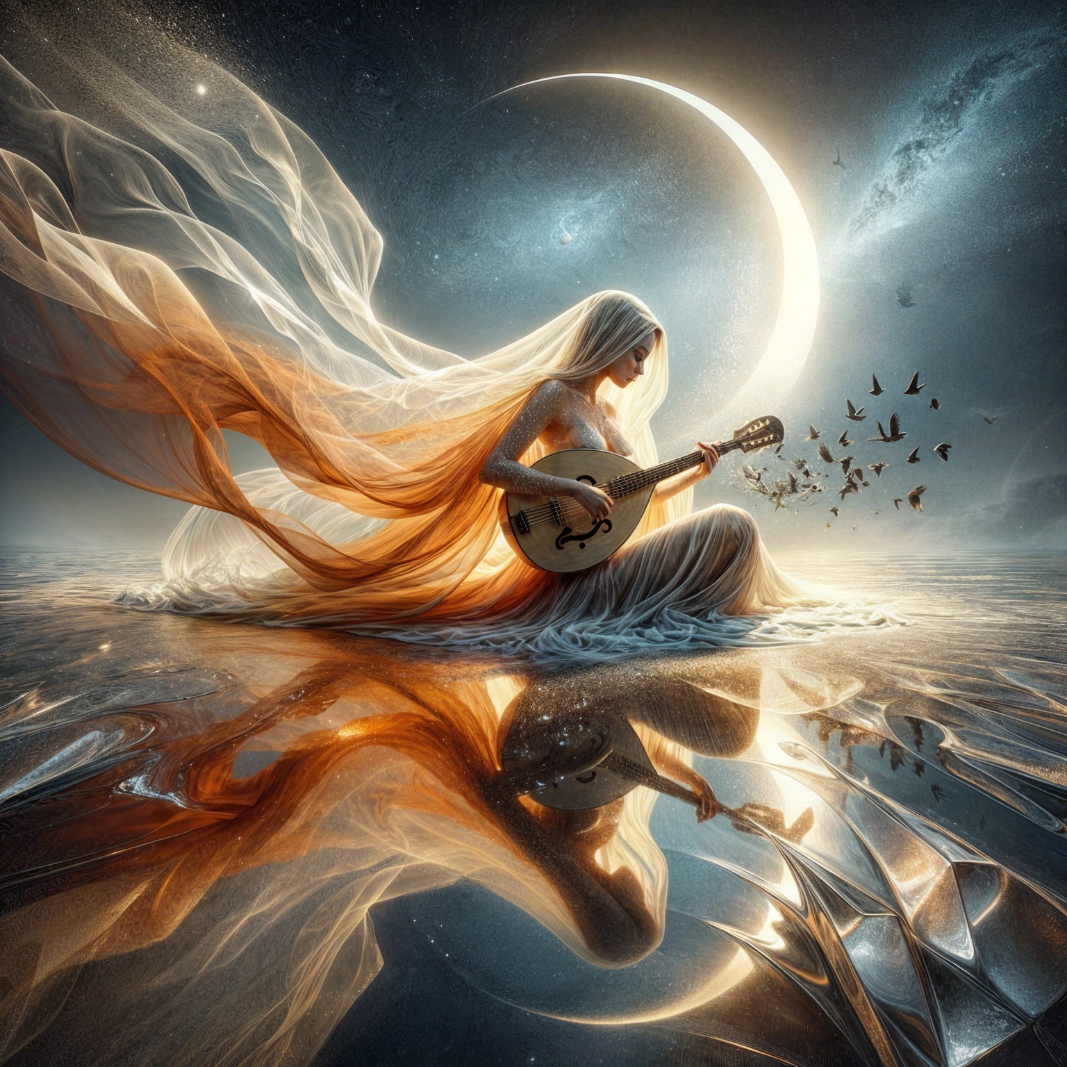 Serene figure playing lute by shimmering water