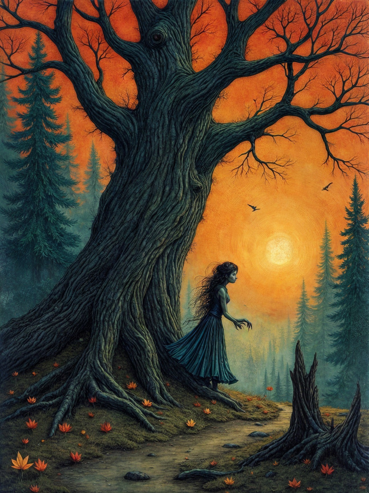 Solitary Figure in Blue Dress by Gnarled Tree at Sunset