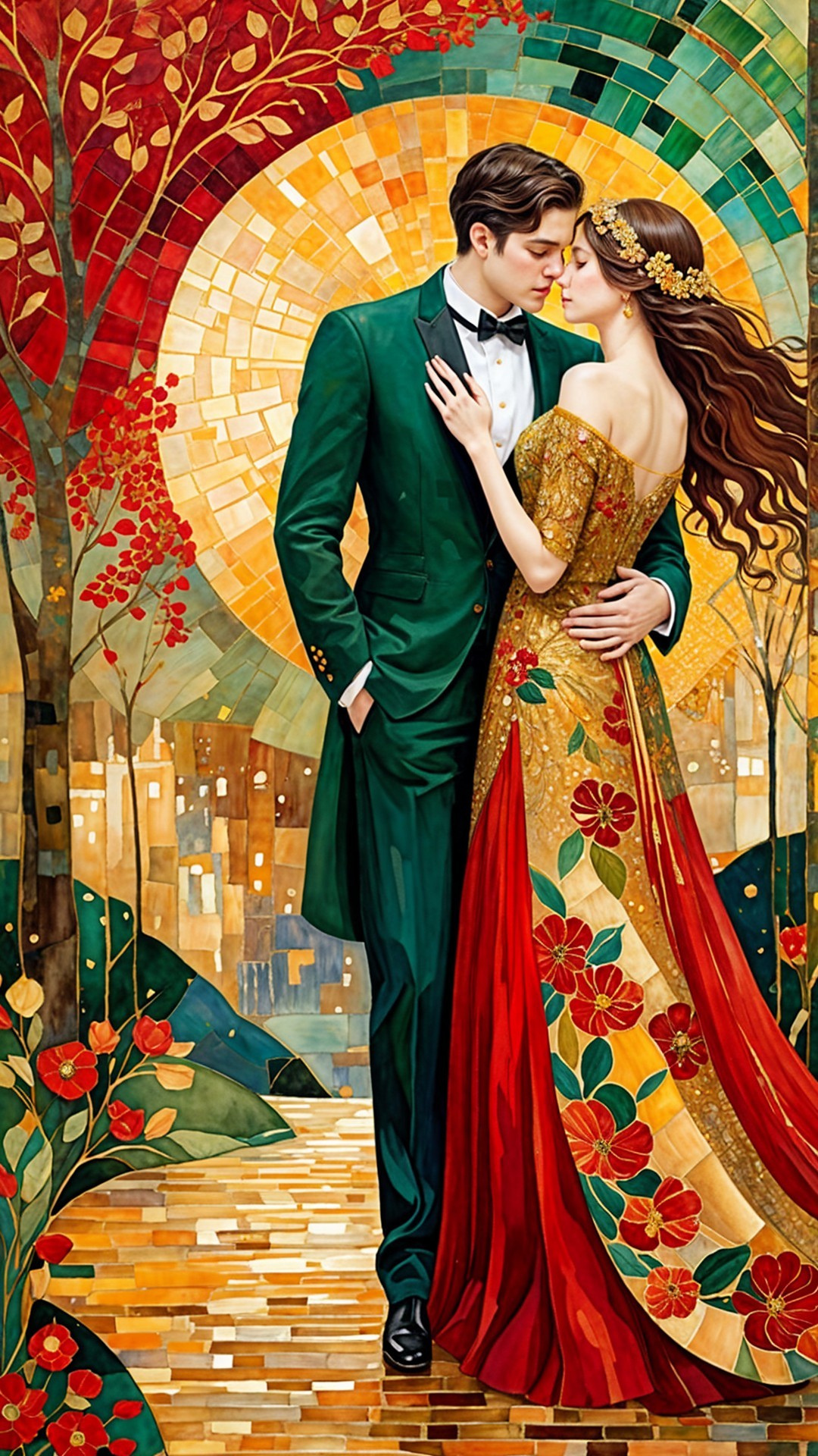 Romantic Couple in Mosaic Setting with Autumn Leaves