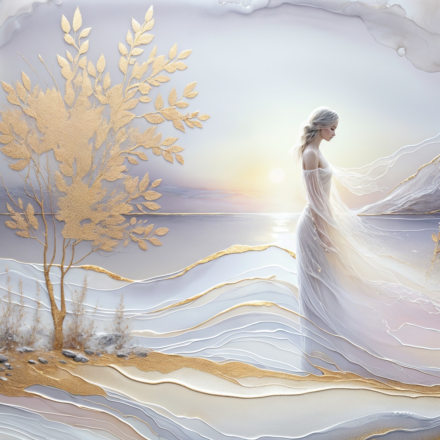 Serene Sunset Landscape with Gentle Waves and Figure