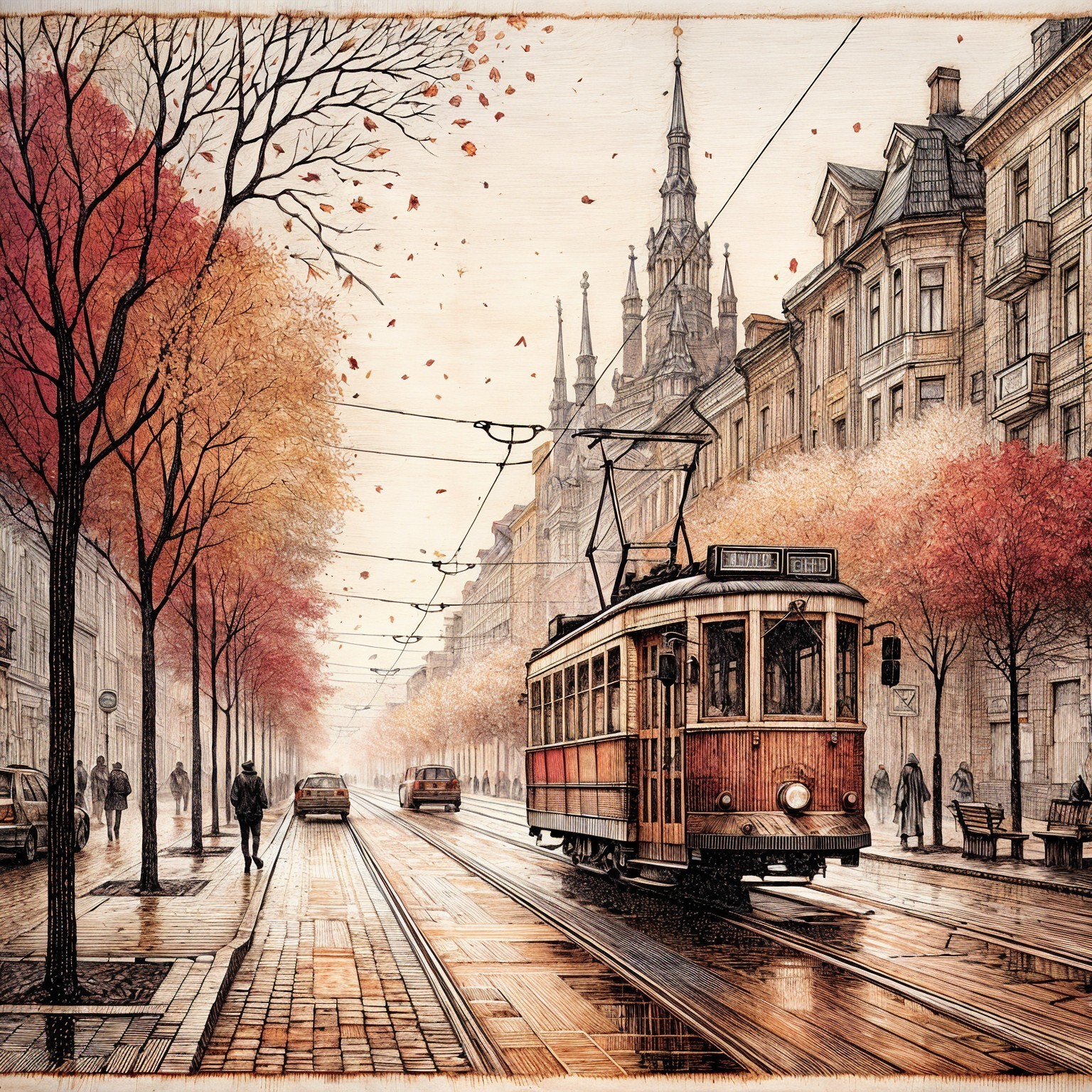 Vintage tram on a cobblestone street in autumn