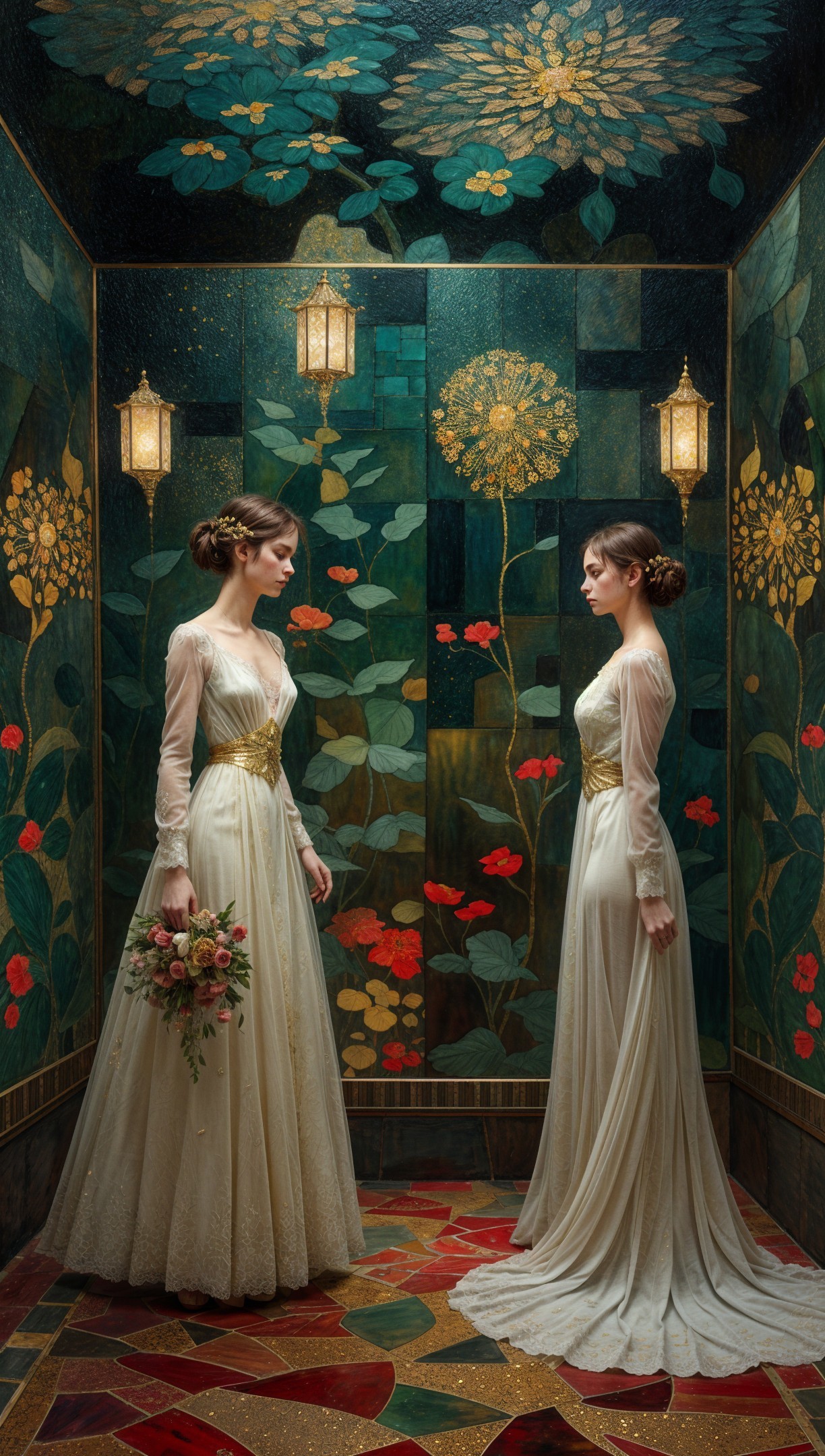 Elegant Wedding Gowns in Floral Adorned Room