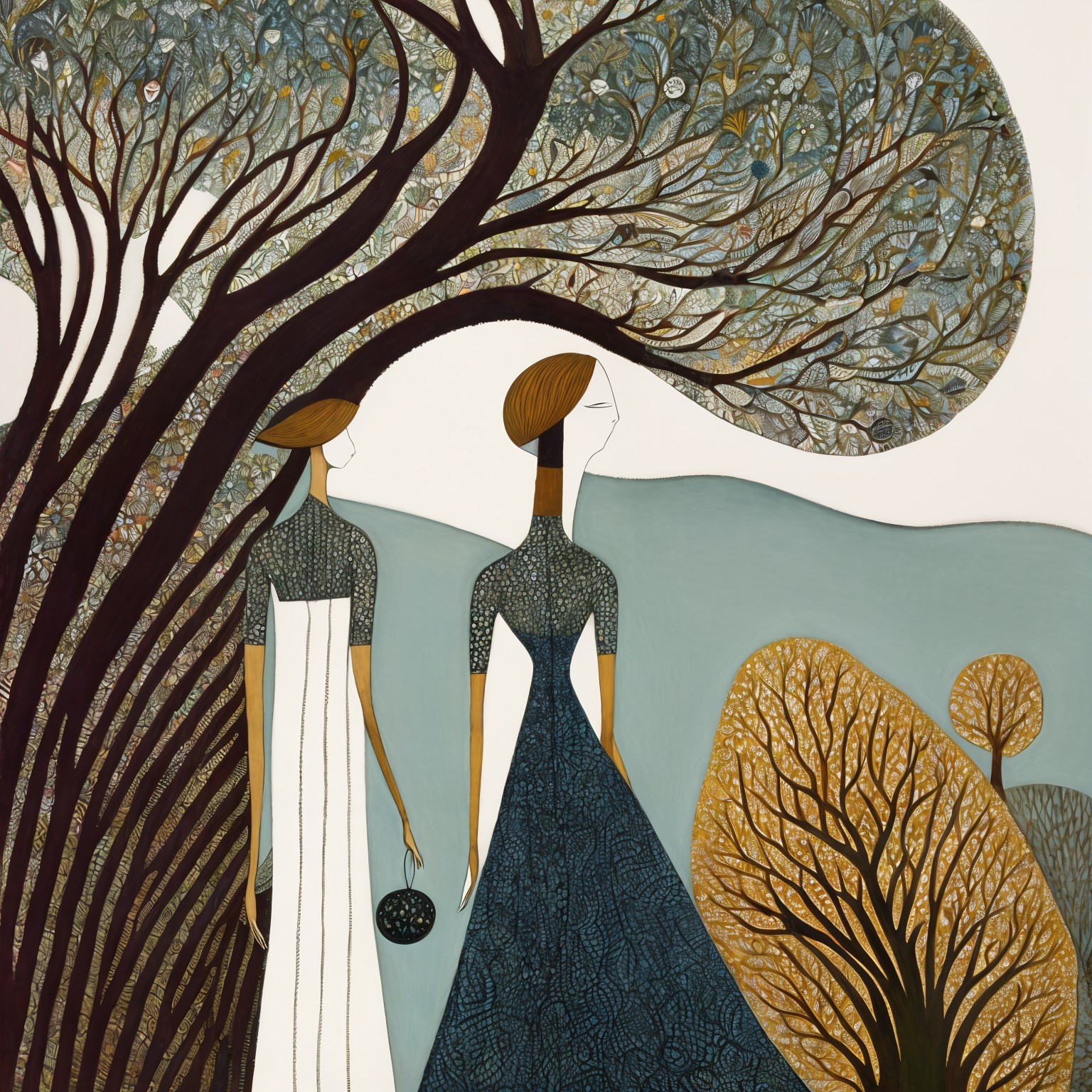 Elegantly Dressed Women Beneath Intricate Tree