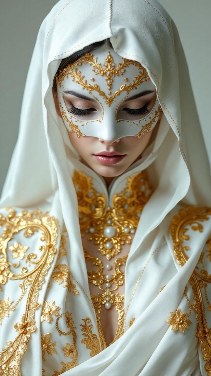 Elegant Woman in White Robe with Gold Embroidery