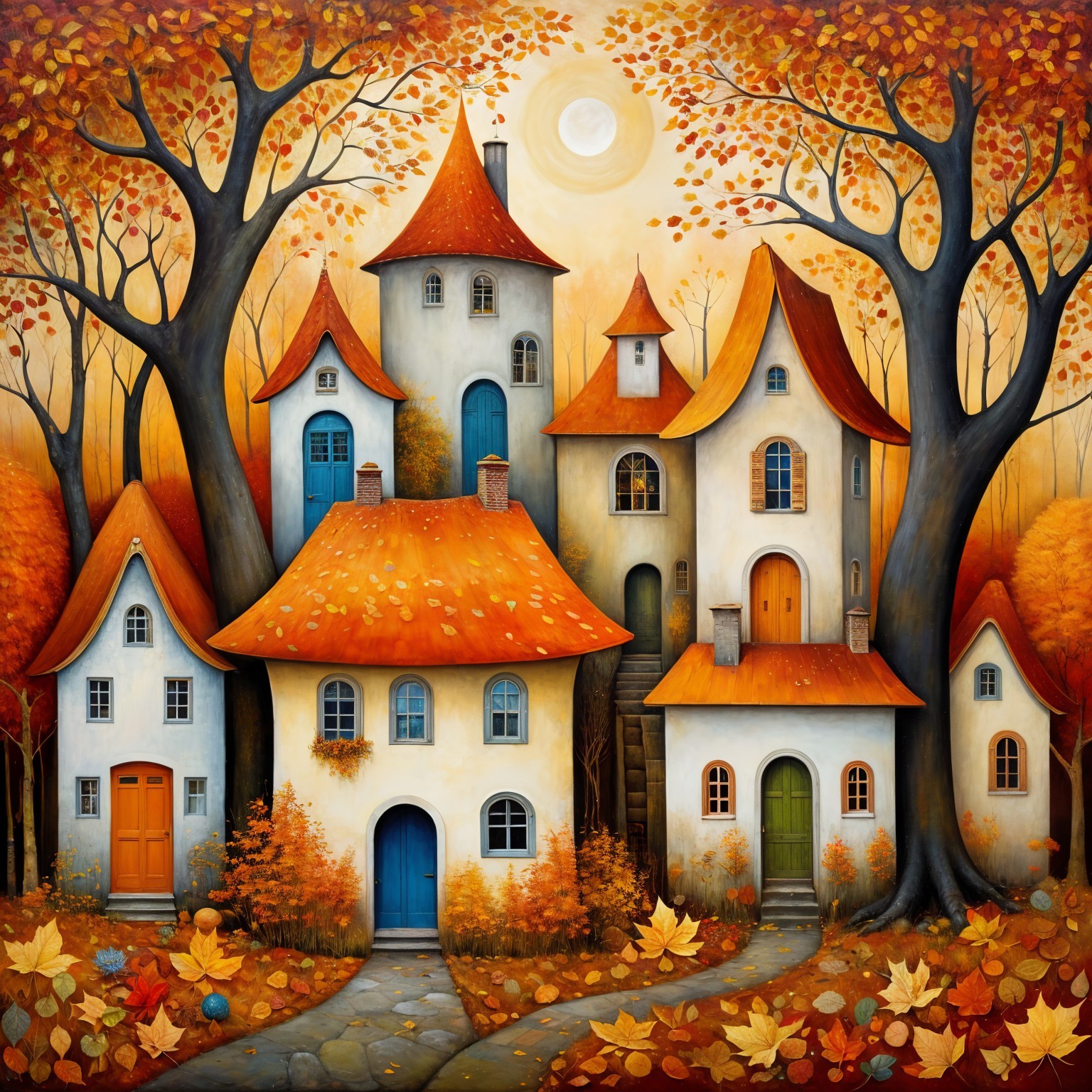 Whimsical Autumn Village with Colorful Houses and Trees