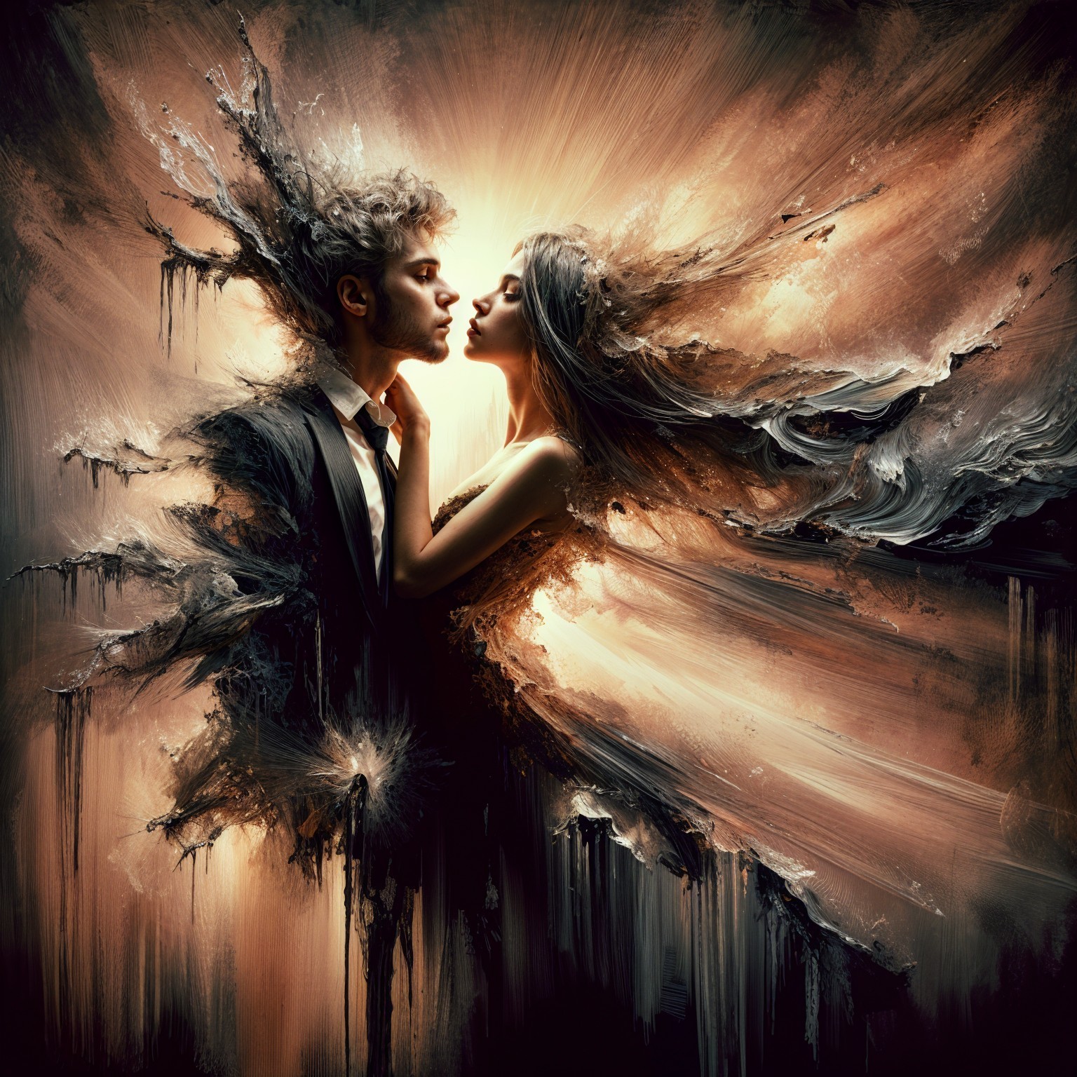 Couple in Cosmic Embrace with Textured Background