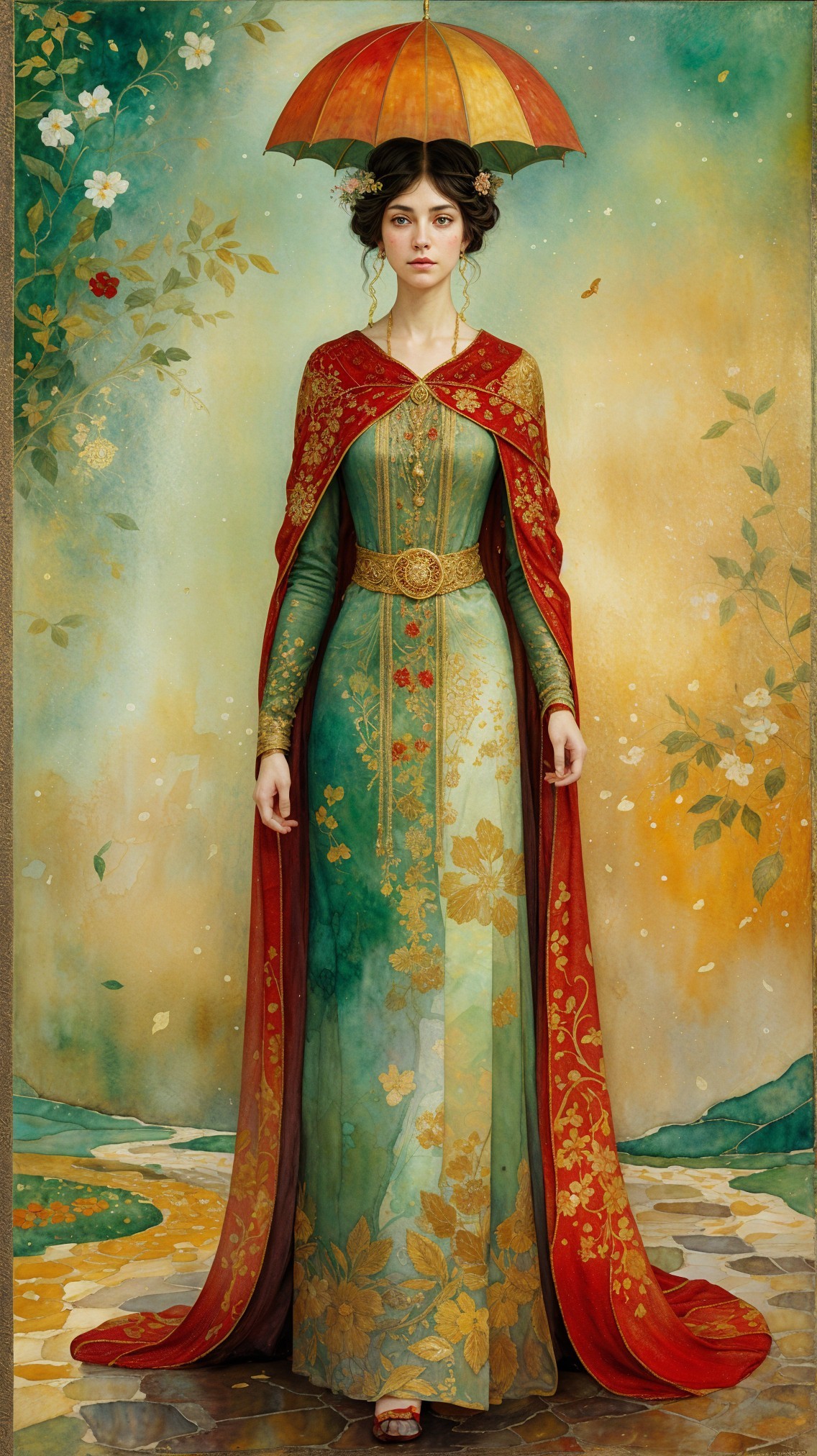 Graceful Woman in Floral Gown with Colorful Umbrella